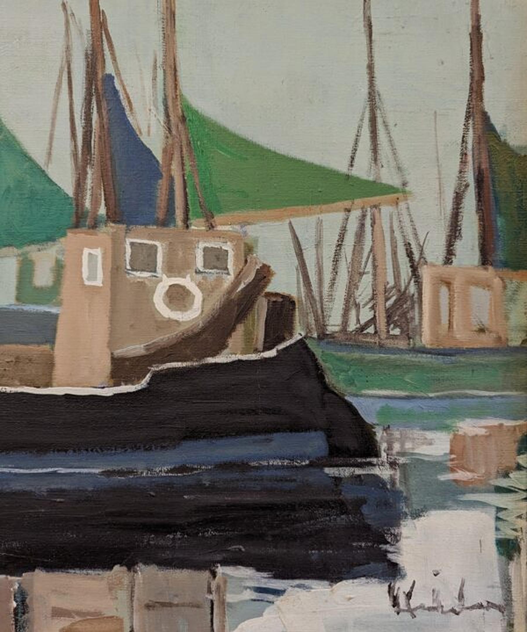 Vintage Mid-Century Swedish Framed Coastal Seascape Oil Painting - Green Sails For Sale 1