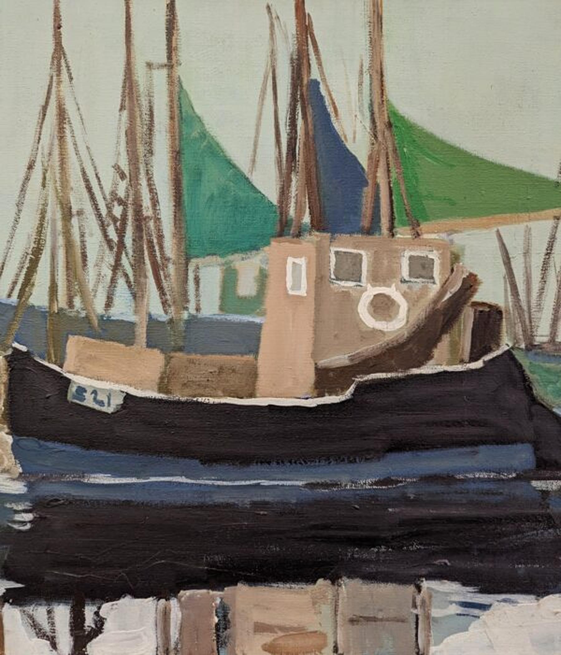Vintage Mid-Century Swedish Framed Coastal Seascape Oil Painting - Green Sails For Sale 2