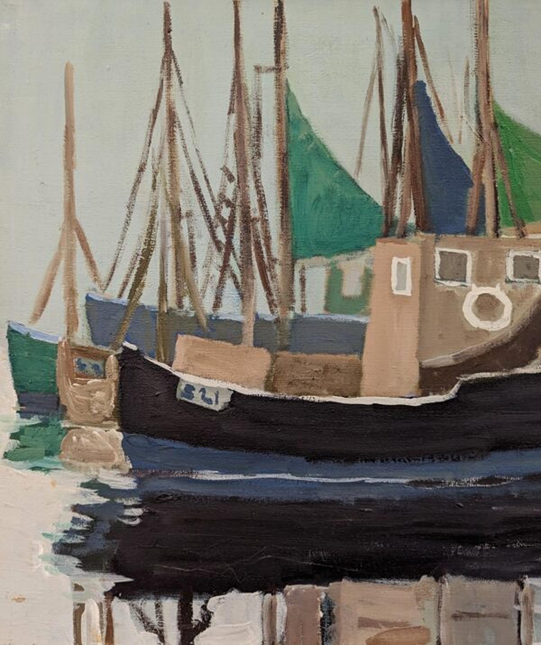 Vintage Mid-Century Swedish Framed Coastal Seascape Oil Painting - Green Sails For Sale 3