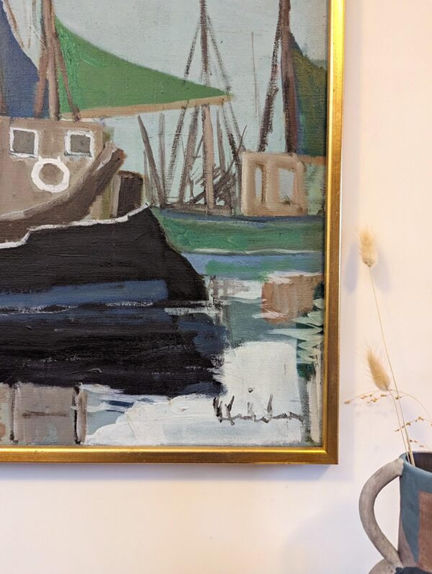 Vintage Mid-Century Swedish Framed Coastal Seascape Oil Painting - Green Sails For Sale 4