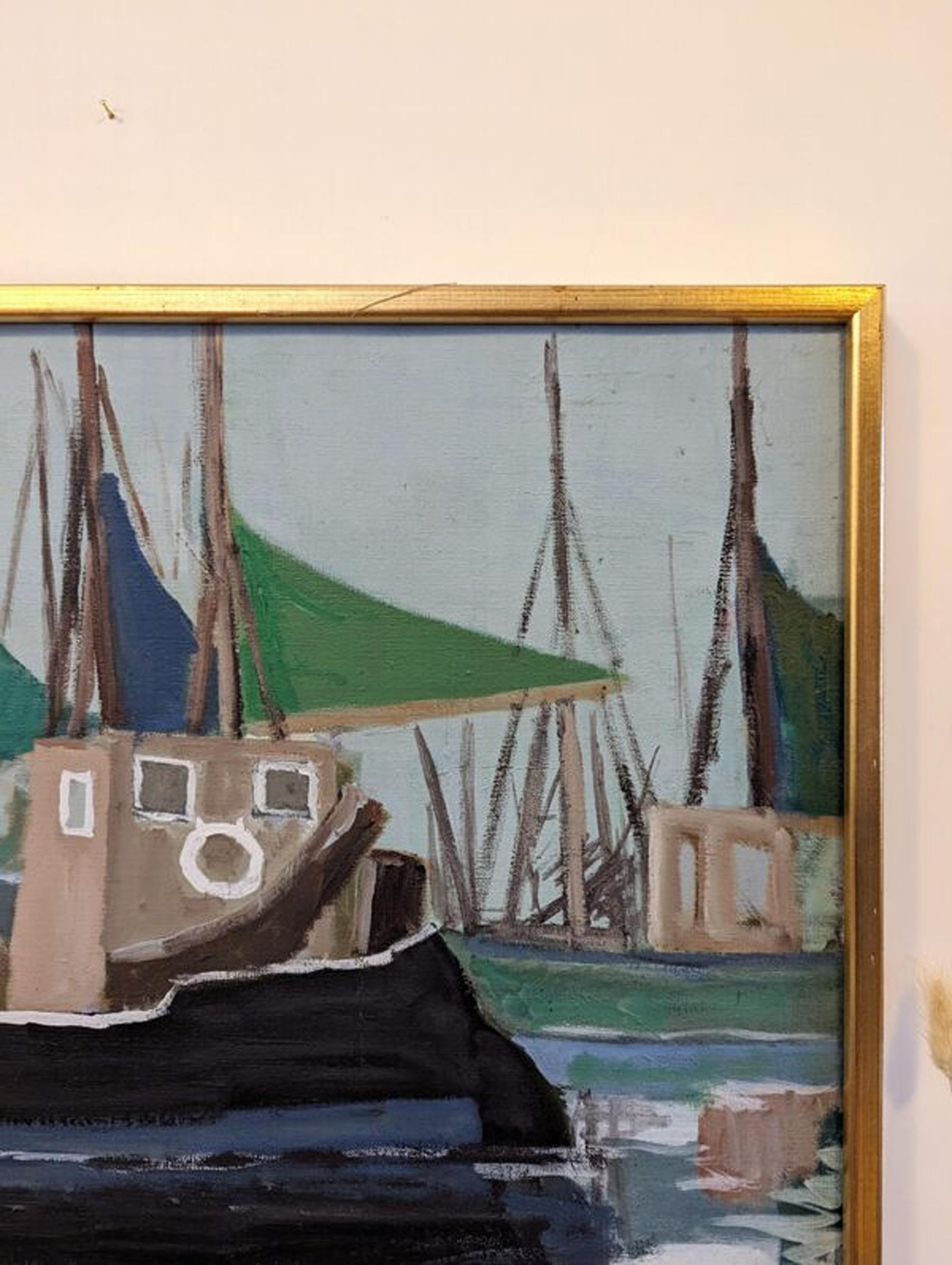 Vintage Mid-Century Swedish Framed Coastal Seascape Oil Painting - Green Sails For Sale 5