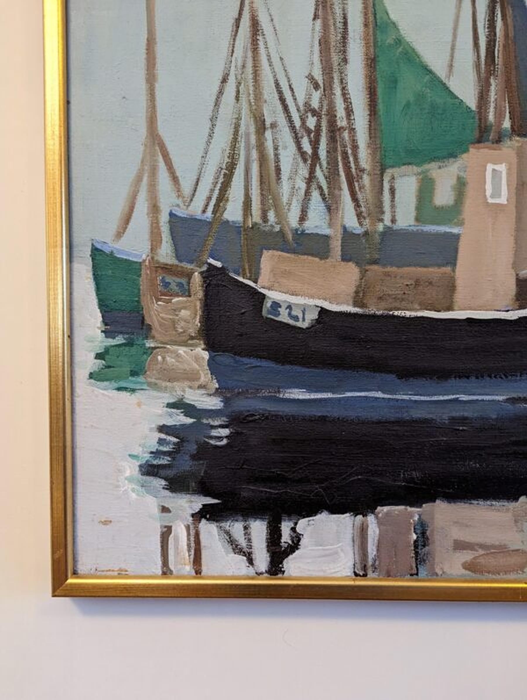 Vintage Mid-Century Swedish Framed Coastal Seascape Oil Painting - Green Sails For Sale 6