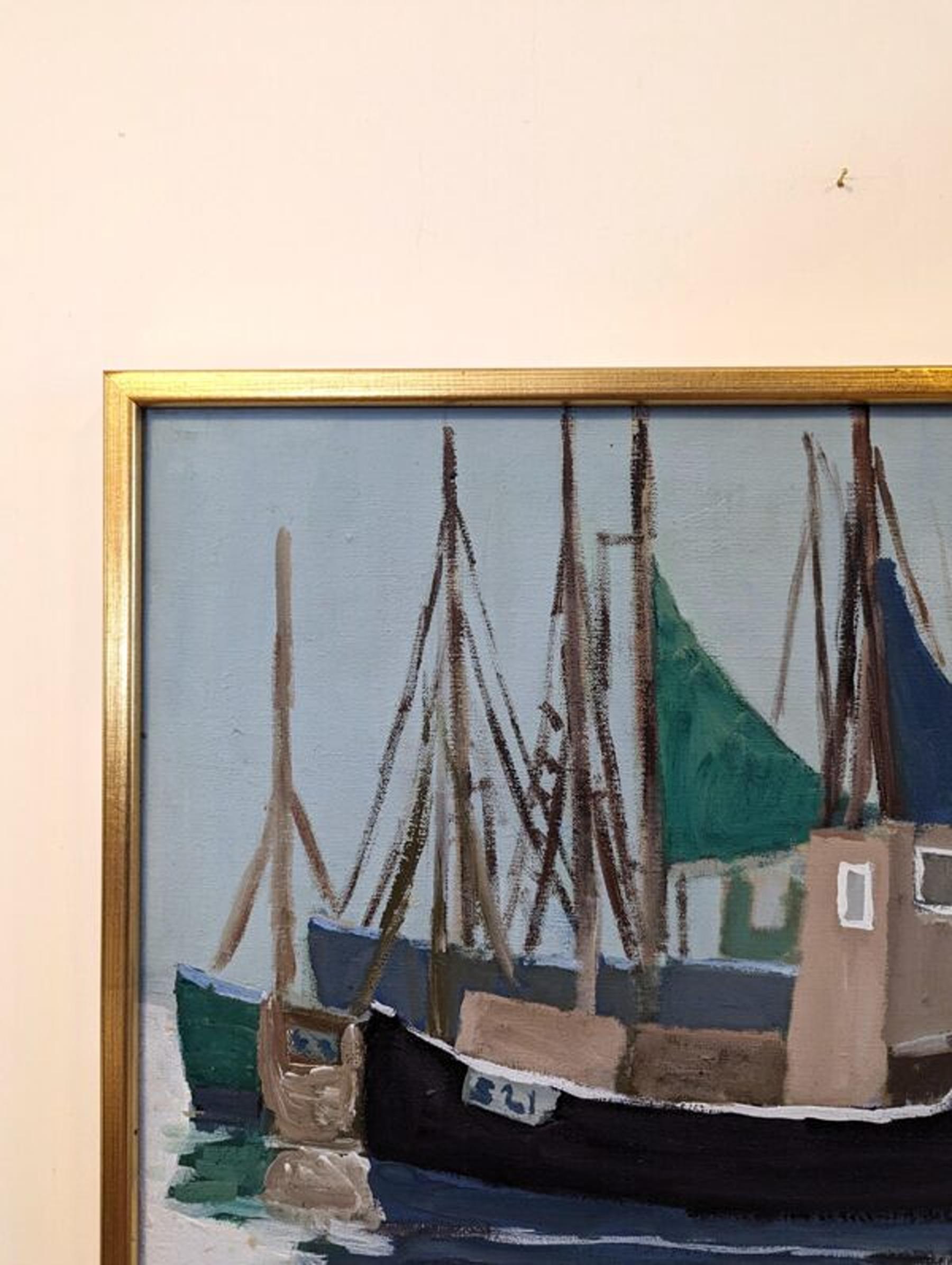 Vintage Mid-Century Swedish Framed Coastal Seascape Oil Painting - Green Sails For Sale 7