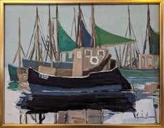 Vintage Mid-Century Swedish Framed Coastal Seascape Oil Painting - Green Sails