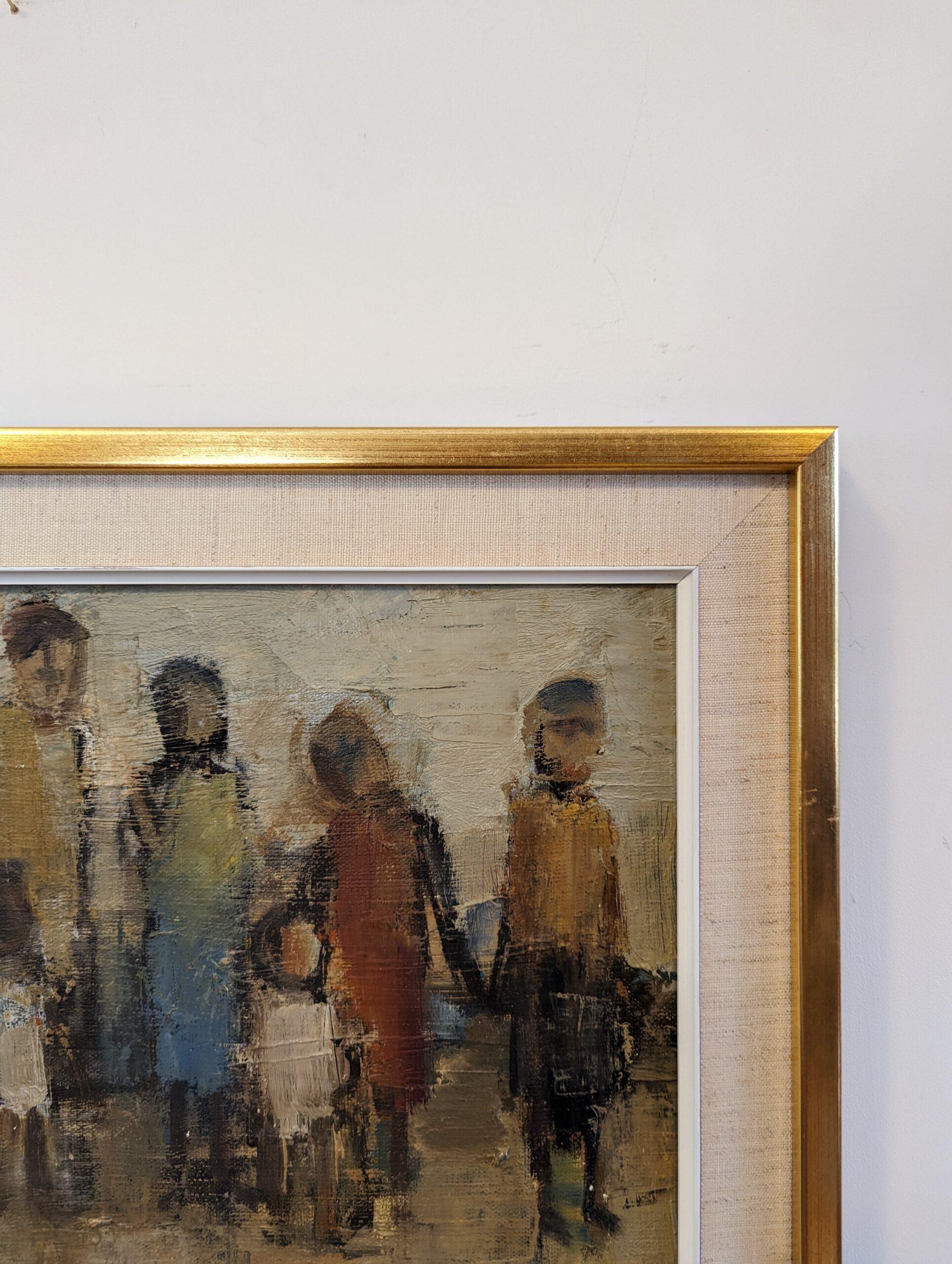 Vintage Mid-Century Swedish Framed Figurative Oil Painting - Assemble 1969 For Sale 8