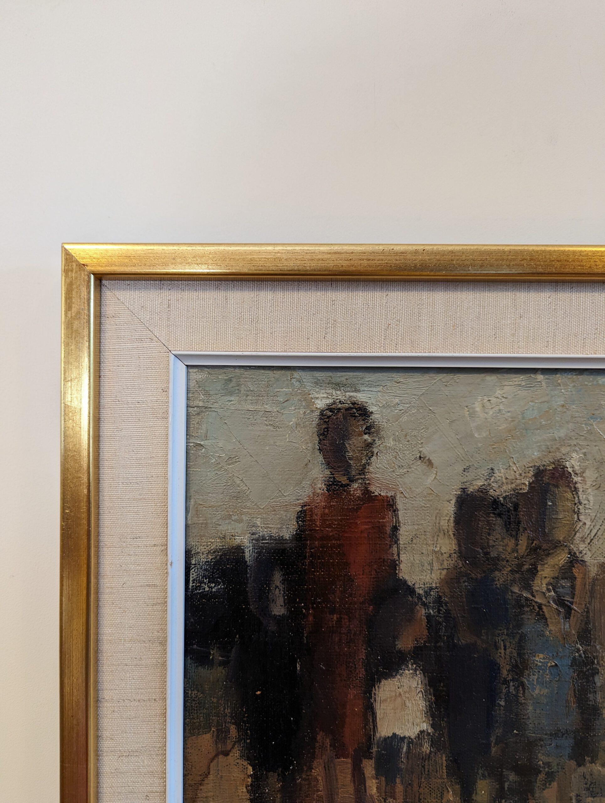 Vintage Mid-Century Swedish Framed Figurative Oil Painting - Assemble 1969 For Sale 10