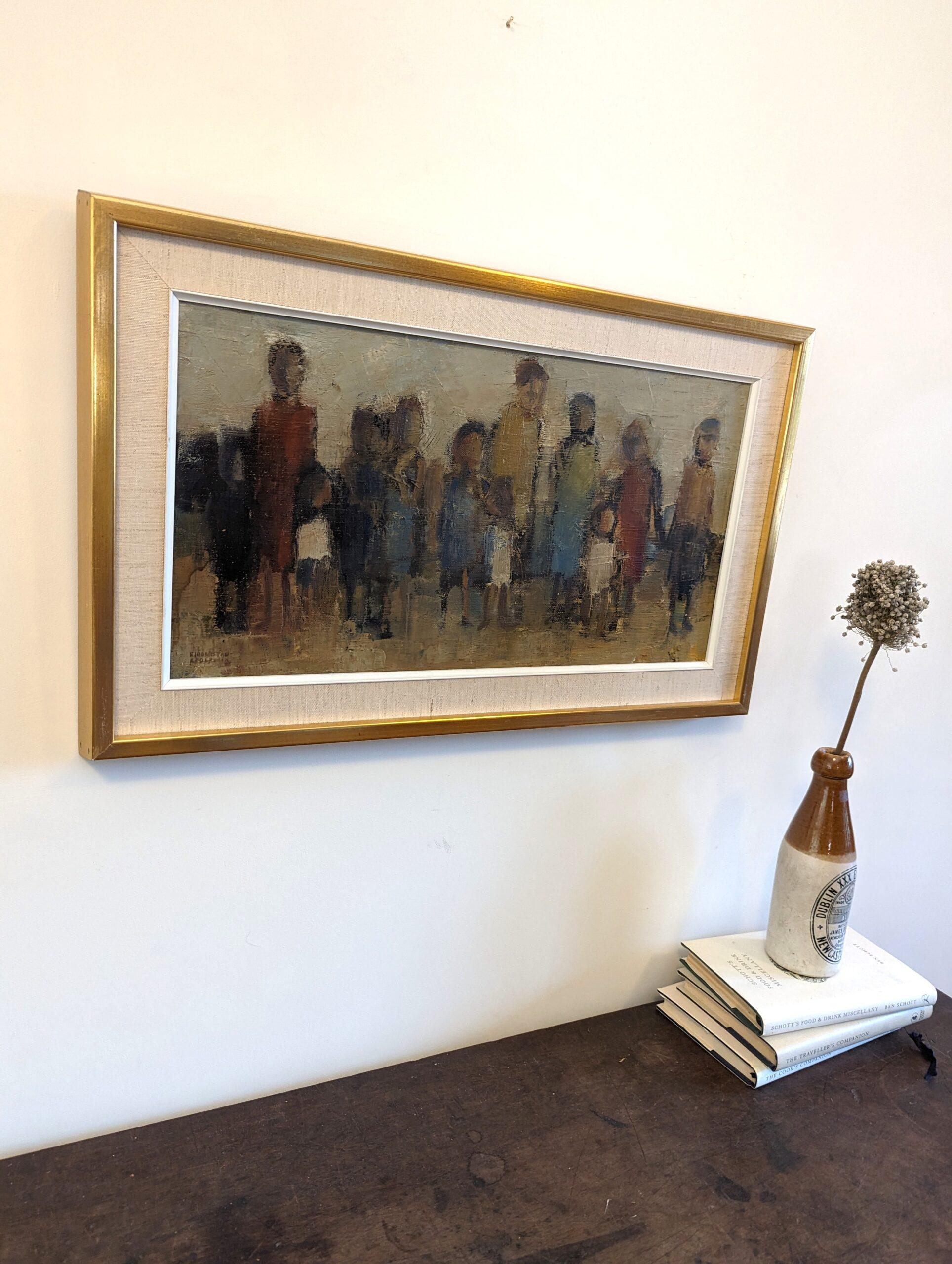 Vintage Mid-Century Swedish Framed Figurative Oil Painting - Assemble 1969 For Sale 1