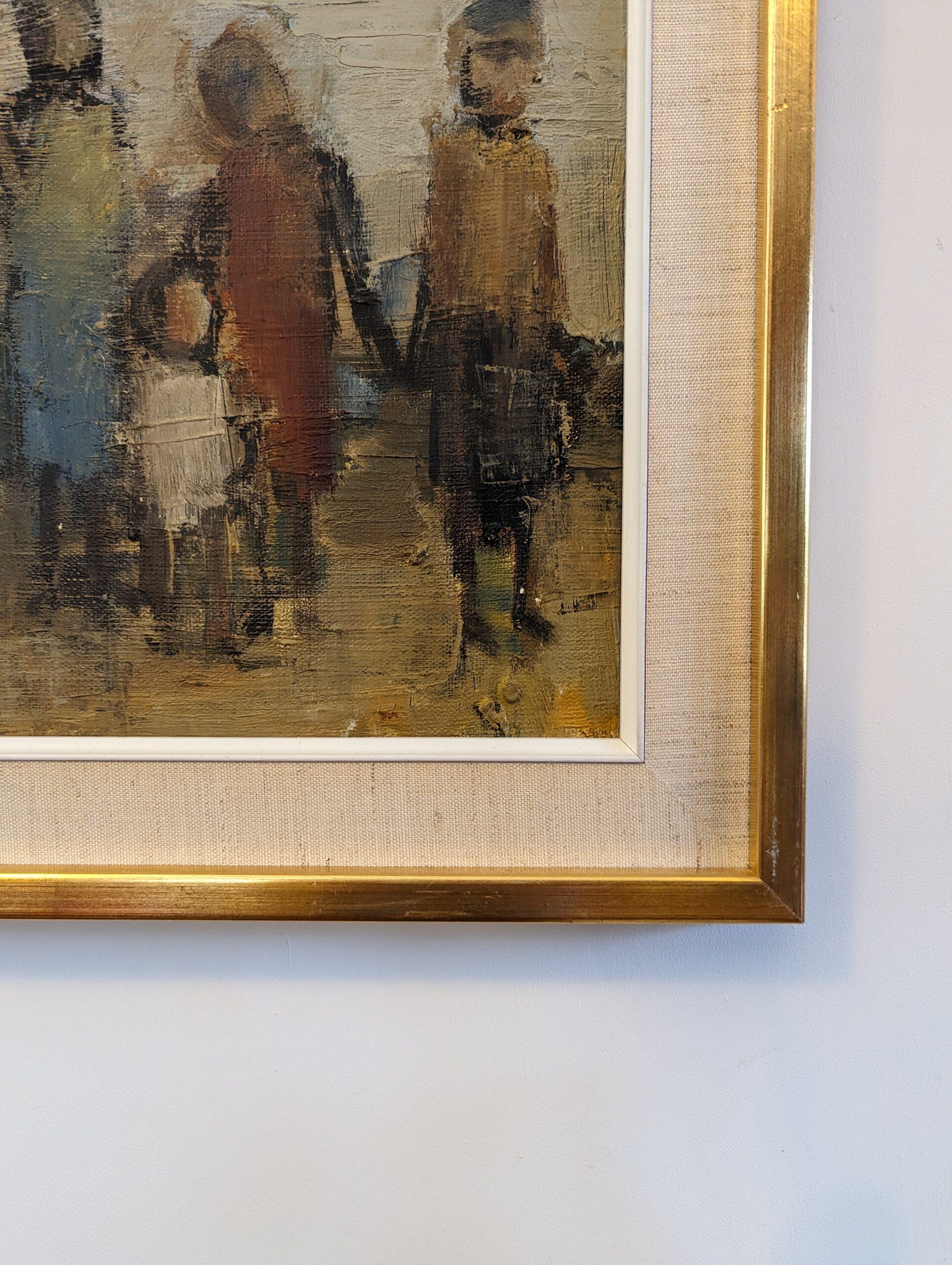 Vintage Mid-Century Swedish Framed Figurative Oil Painting - Assemble 1969 For Sale 7