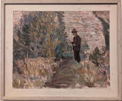 Vintage Mid-Century Swedish Framed Figurative Oil Painting - In the Garden