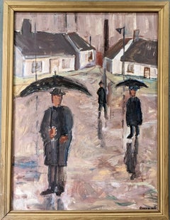 Vintage Mid-Century Swedish Framed Figurative Oil Painting - It’s Raining Men