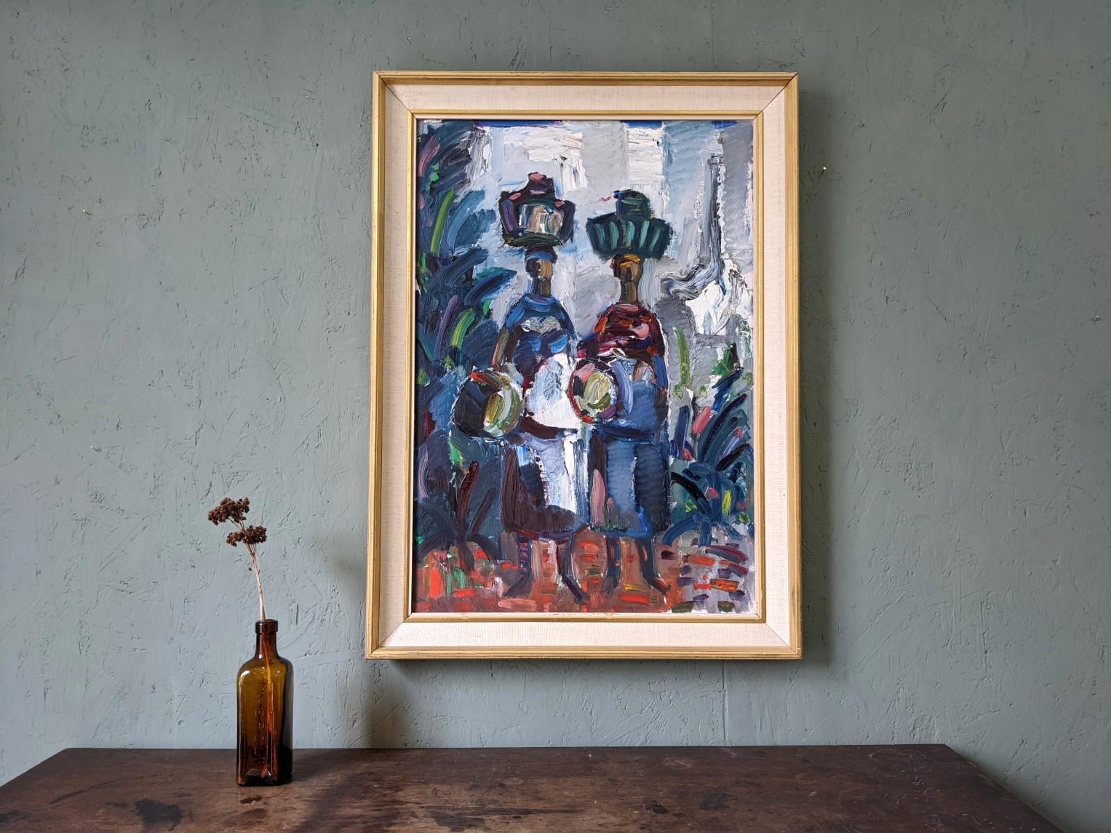 MOROCCAN LADIES
Size: 75 x 55 cm (including frame)
Oil on canvas

A lively and visually striking modernist figurative painting, executed in oil onto canvas.

This composition depicts 2 figures with baskets on their heads and in their hands,