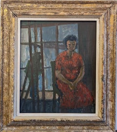 Vintage Mid-Century Swedish Framed Figurative Oil Painting - Seated in Red