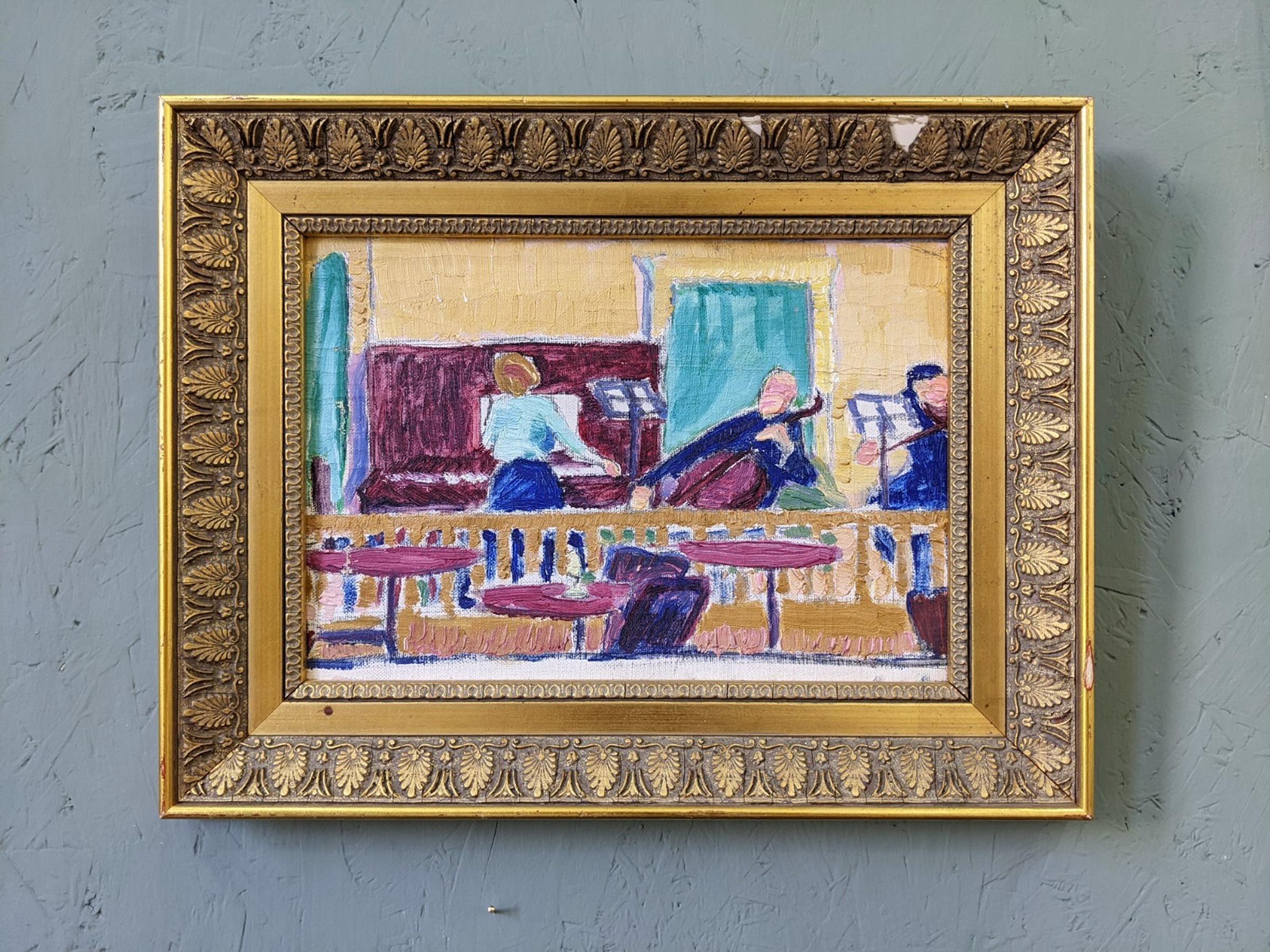 Vintage Mid-Century Swedish Framed Figurative Oil Painting - The Ensemble - Brown Figurative Painting by Unknown
