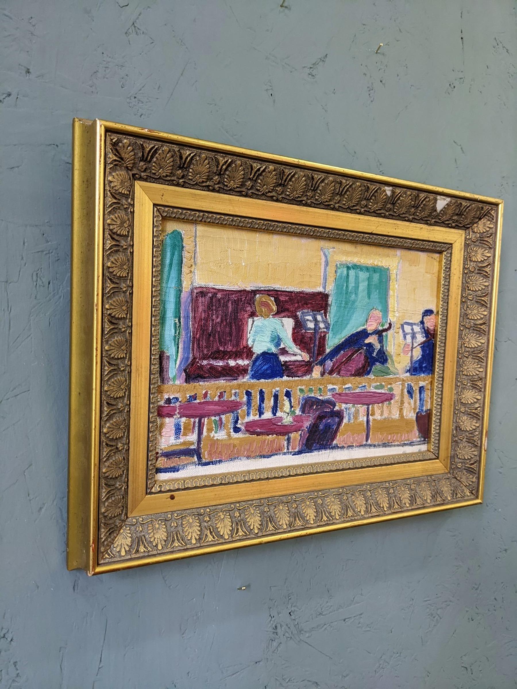 THE ENSEMBLE
Size: 29 x 37 cm (including frame)
Oil on Canvas

A small yet very striking mid century figurative composition, executed in oil onto canvas.

The artist has used the expressive qualities of colour and brushstrokes to render this lively