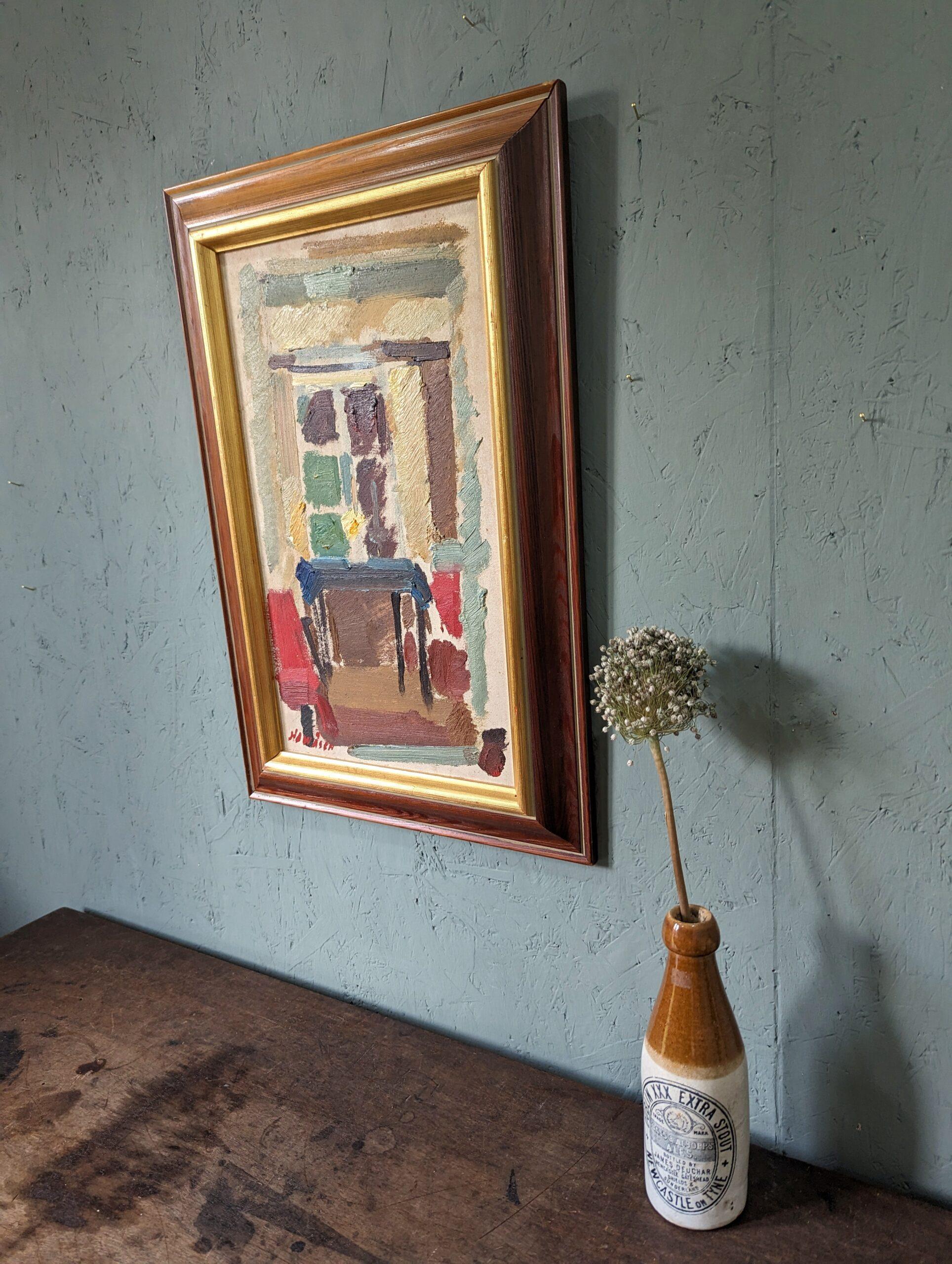HOME TIME (I)
Size: 55 x 36.5 cm (including frame)
Oil on board

A brilliantly executed mid-century abstract composition of an interior scene, painted in oil onto board.

The artist has intentionally painted this home setting that presents a table