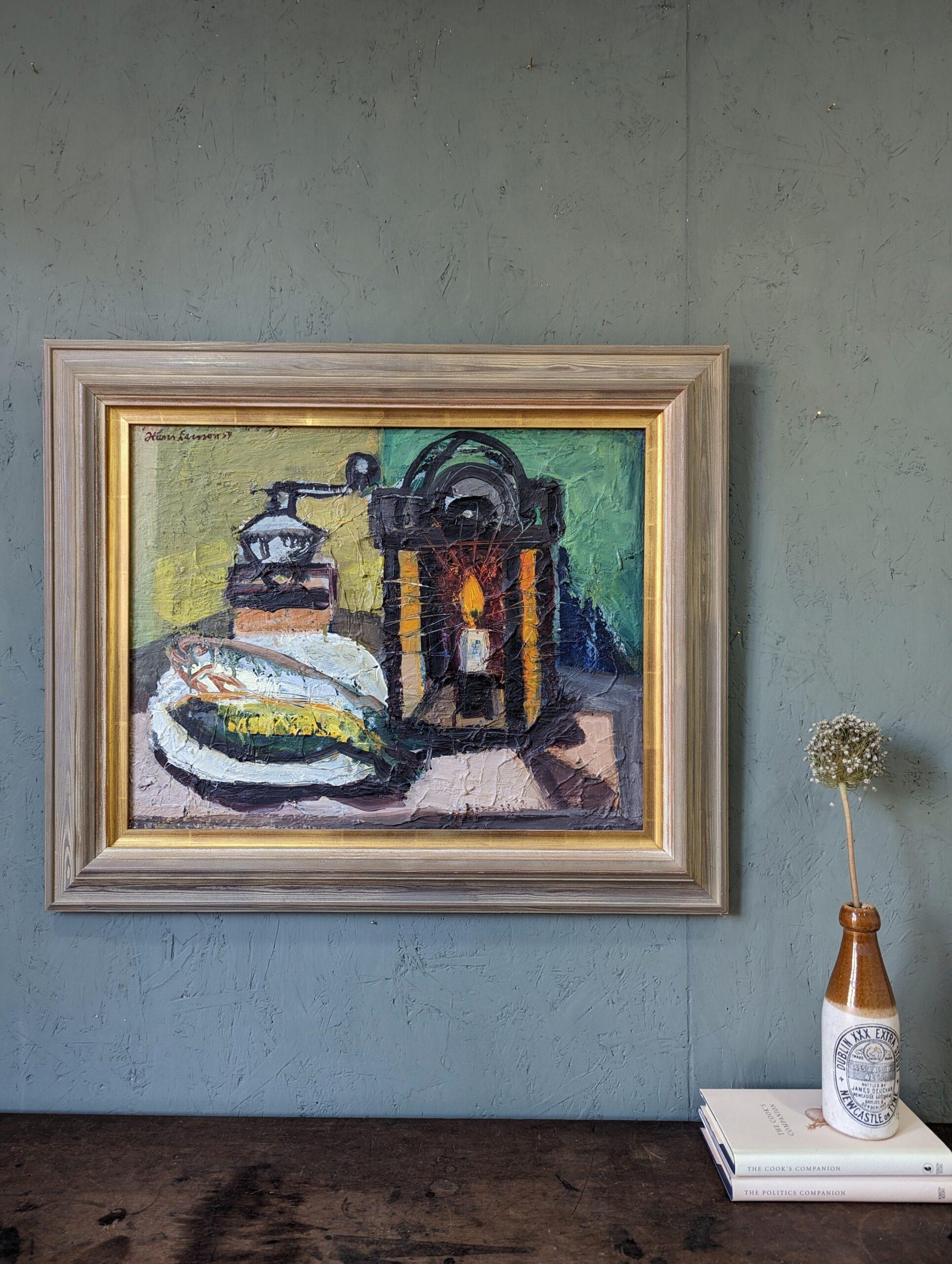 Vintage Mid-Century Swedish Framed Interior Oil Painting - Still life with Lamp For Sale 11