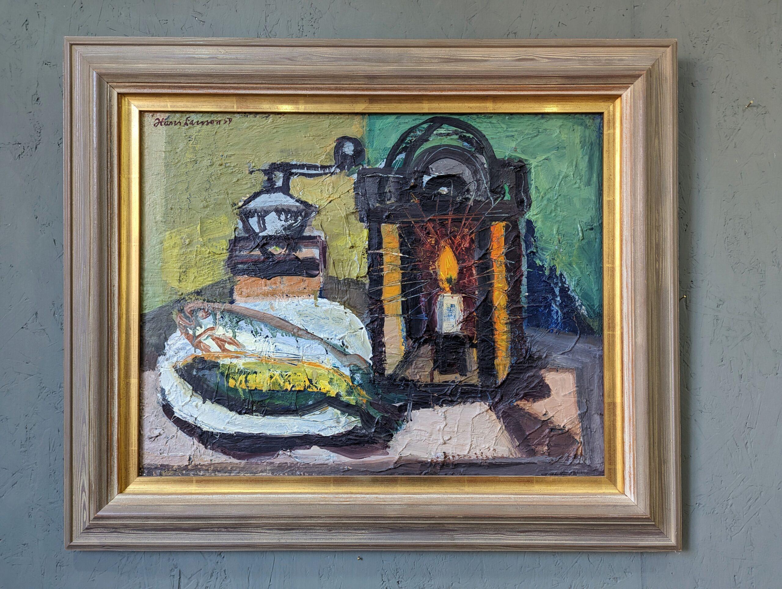 Vintage Mid-Century Swedish Framed Interior Oil Painting - Still life with Lamp For Sale 1