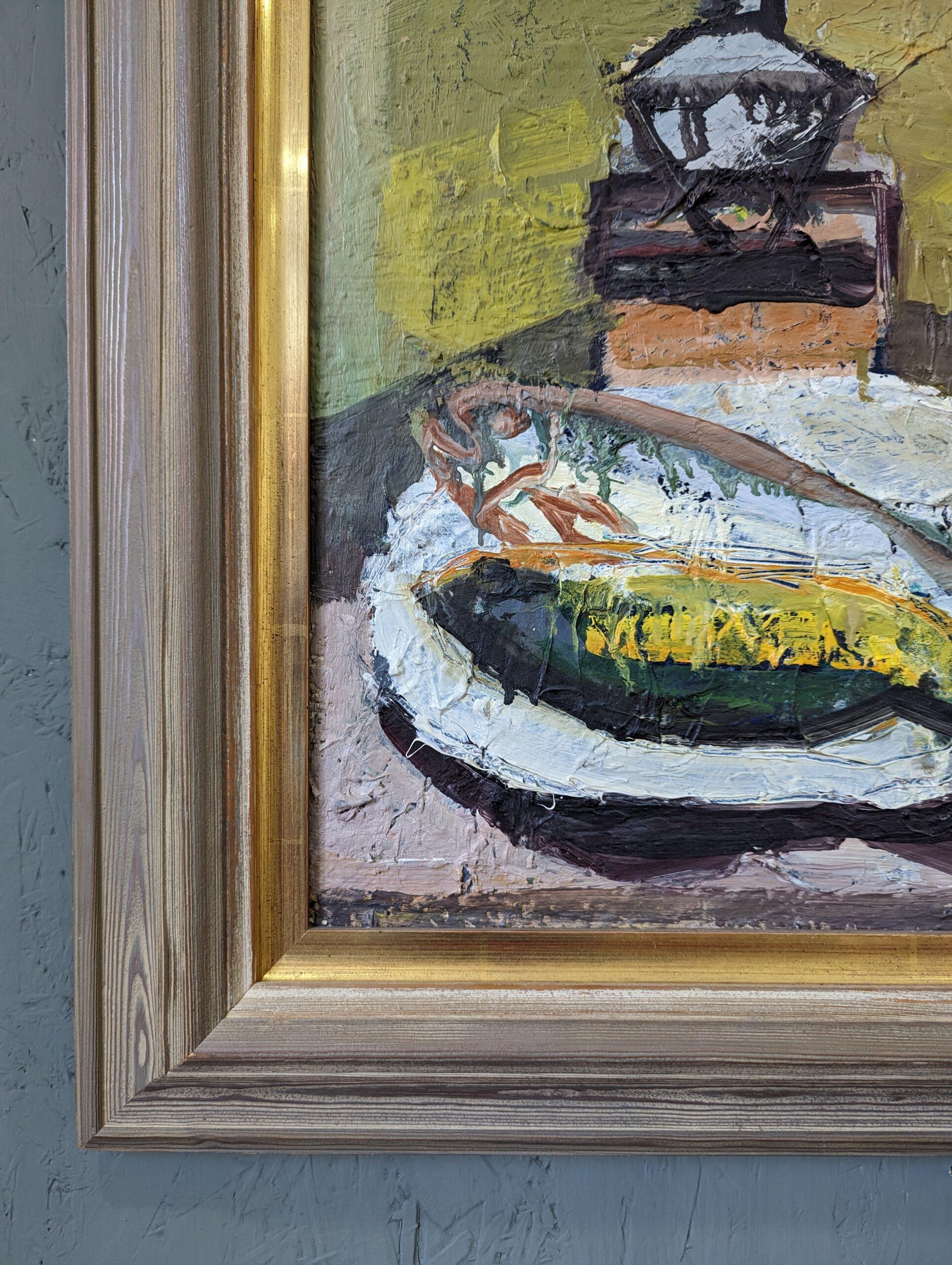 Vintage Mid-Century Swedish Framed Interior Oil Painting - Still life with Lamp For Sale 2