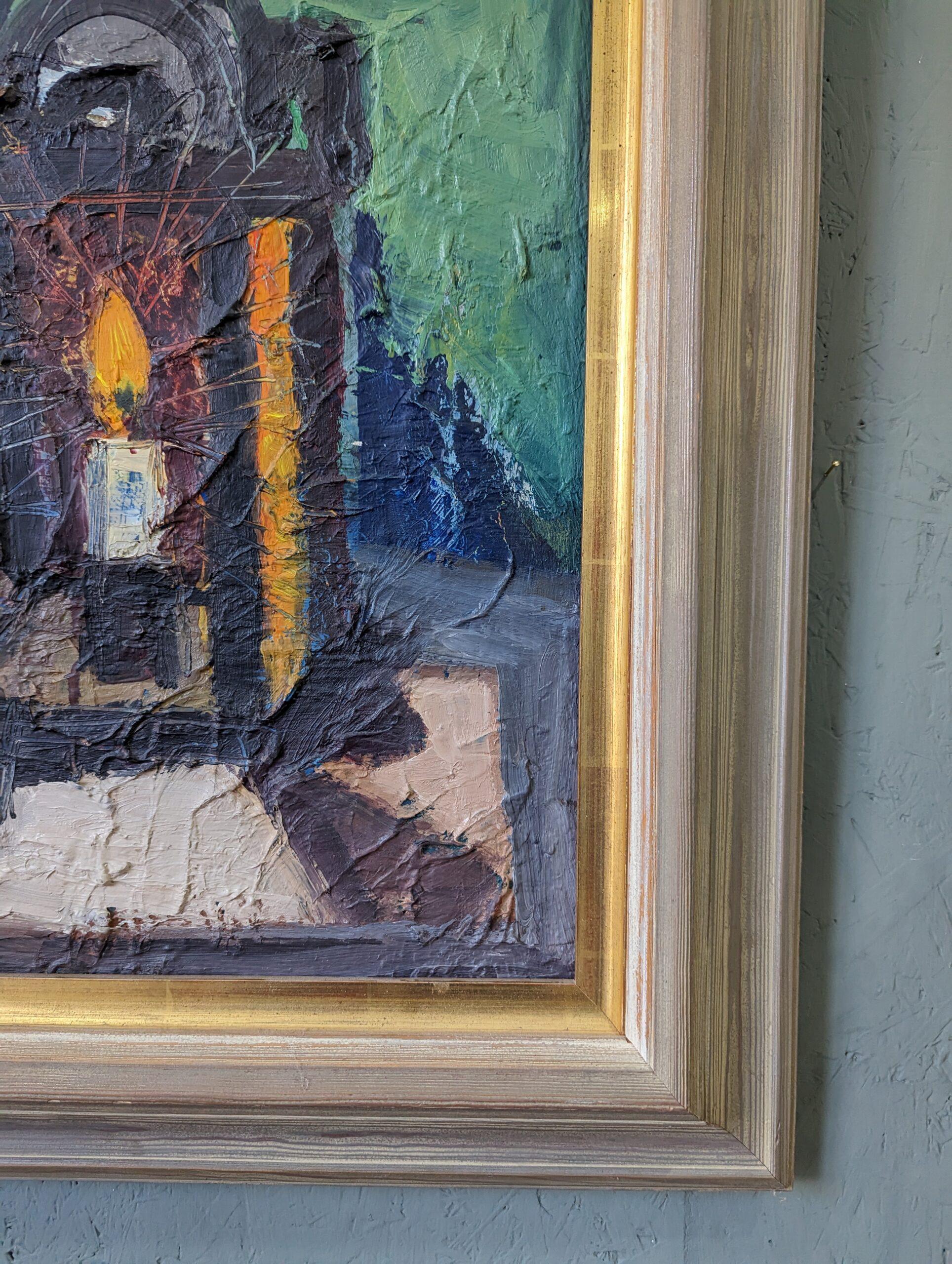 Vintage Mid-Century Swedish Framed Interior Oil Painting - Still life with Lamp For Sale 3