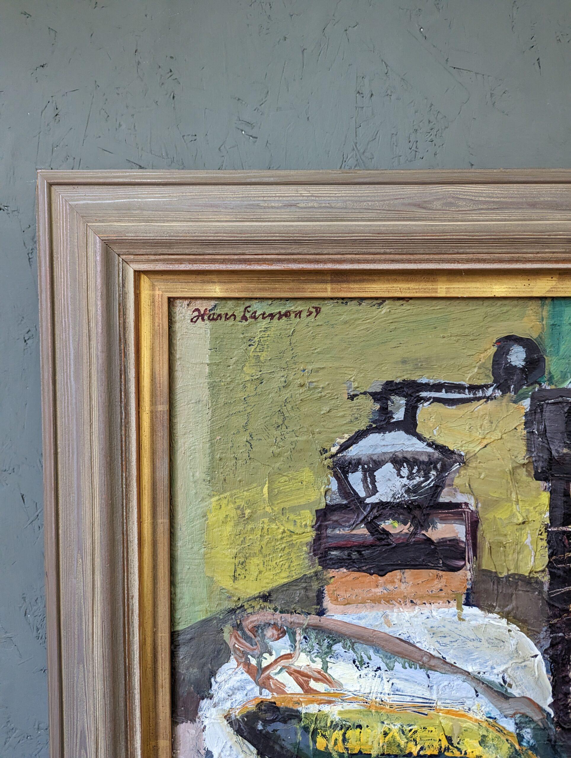 Vintage Mid-Century Swedish Framed Interior Oil Painting - Still life with Lamp For Sale 4