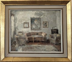 Vintage Mid-Century Swedish Framed Interior Oil Painting - The Sitting Room