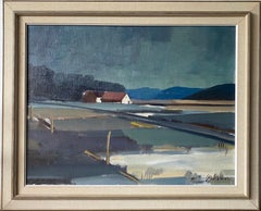 Vintage Mid-Century Swedish Framed Landscape Oil Painting - Blue Fields
