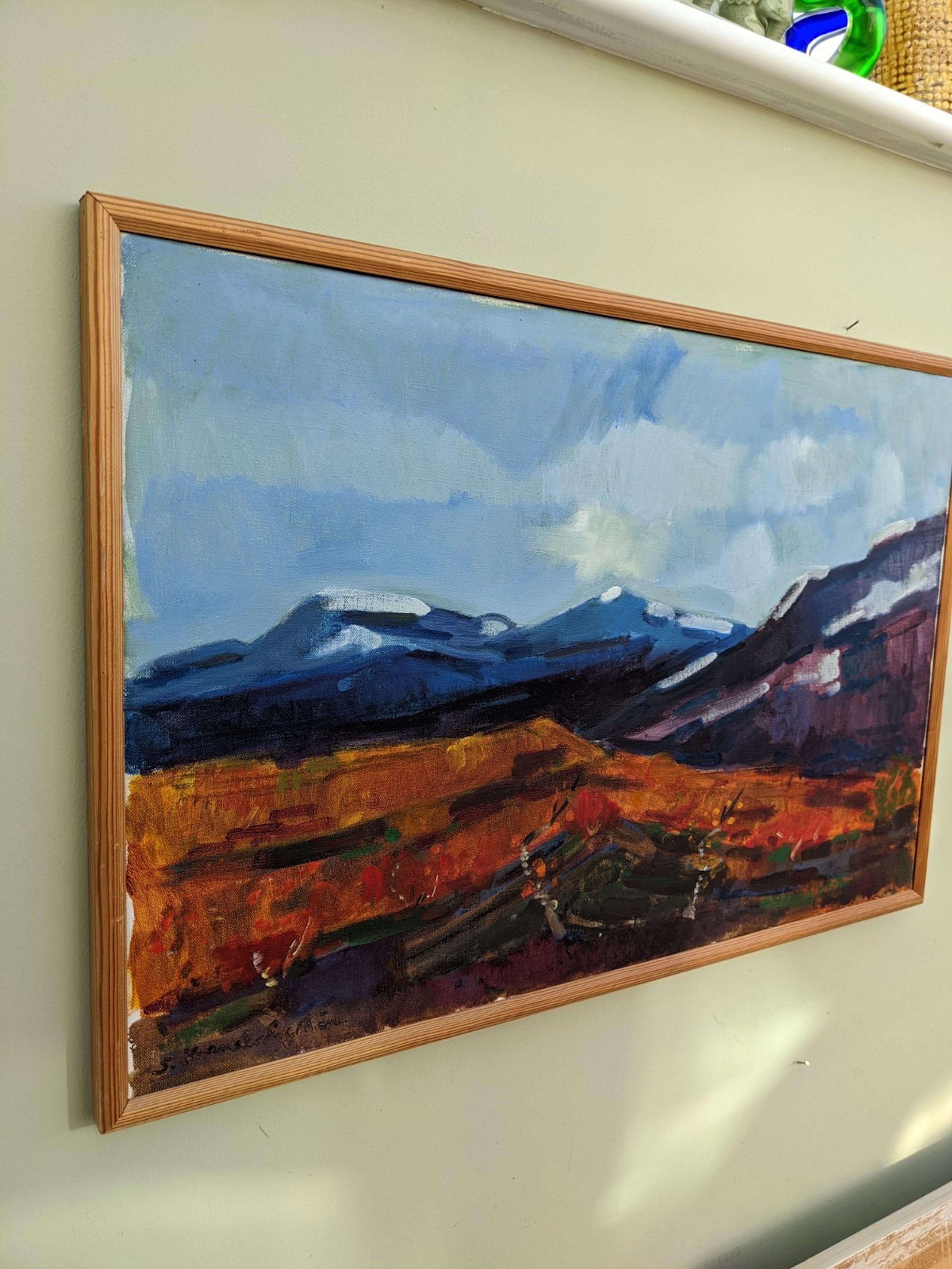 Vintage Mid-Century Swedish Framed Landscape Oil Painting - Blue Mountains 2