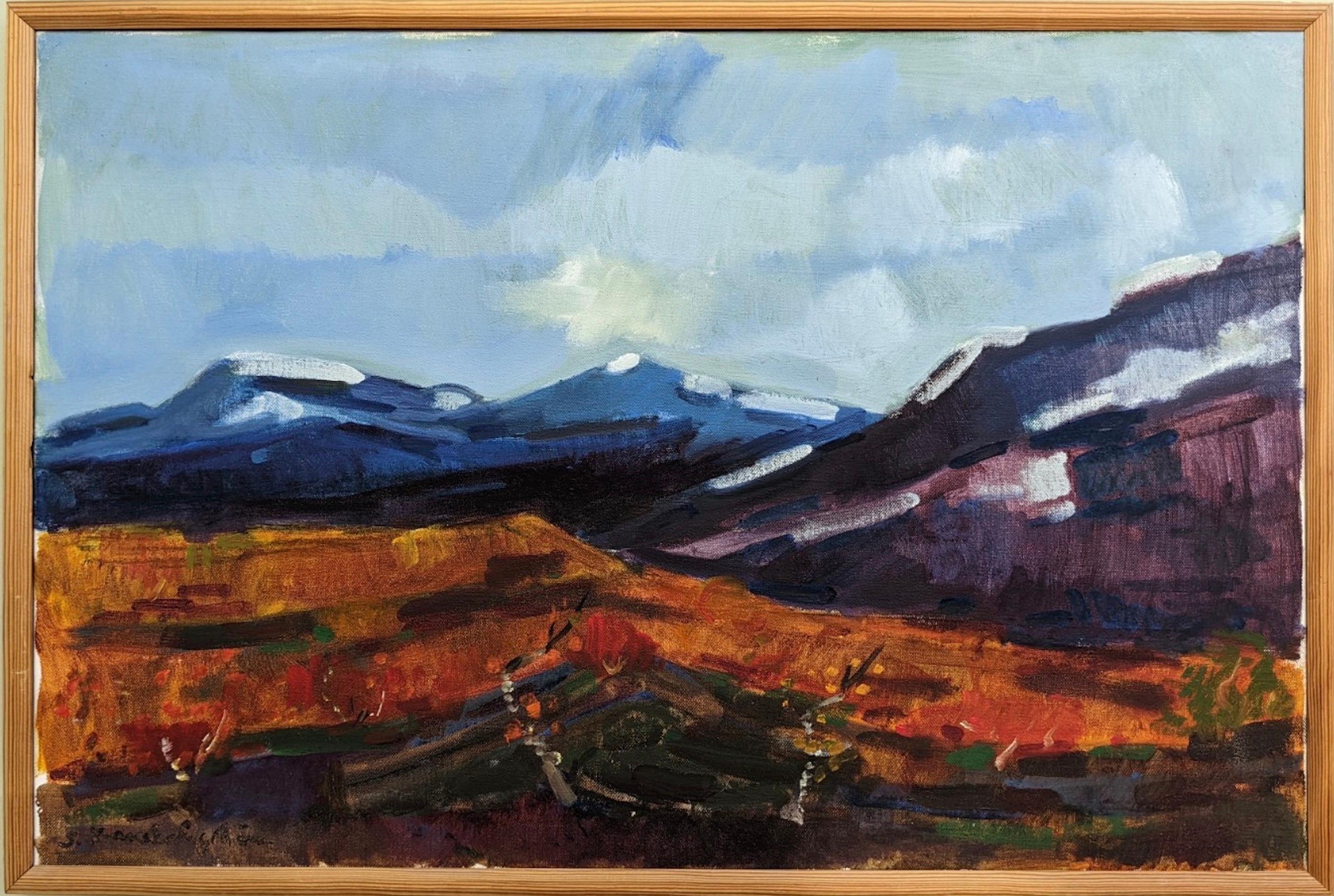 Unknown Landscape Painting - Vintage Mid-Century Swedish Framed Landscape Oil Painting - Blue Mountains