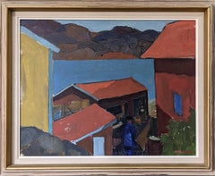 Vintage Mid-Century Swedish Framed Landscape Oil Painting - Coastal Huts
