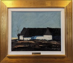 Vintage Mid-Century Swedish Framed Landscape Oil Painting - Farmhouse at Dusk