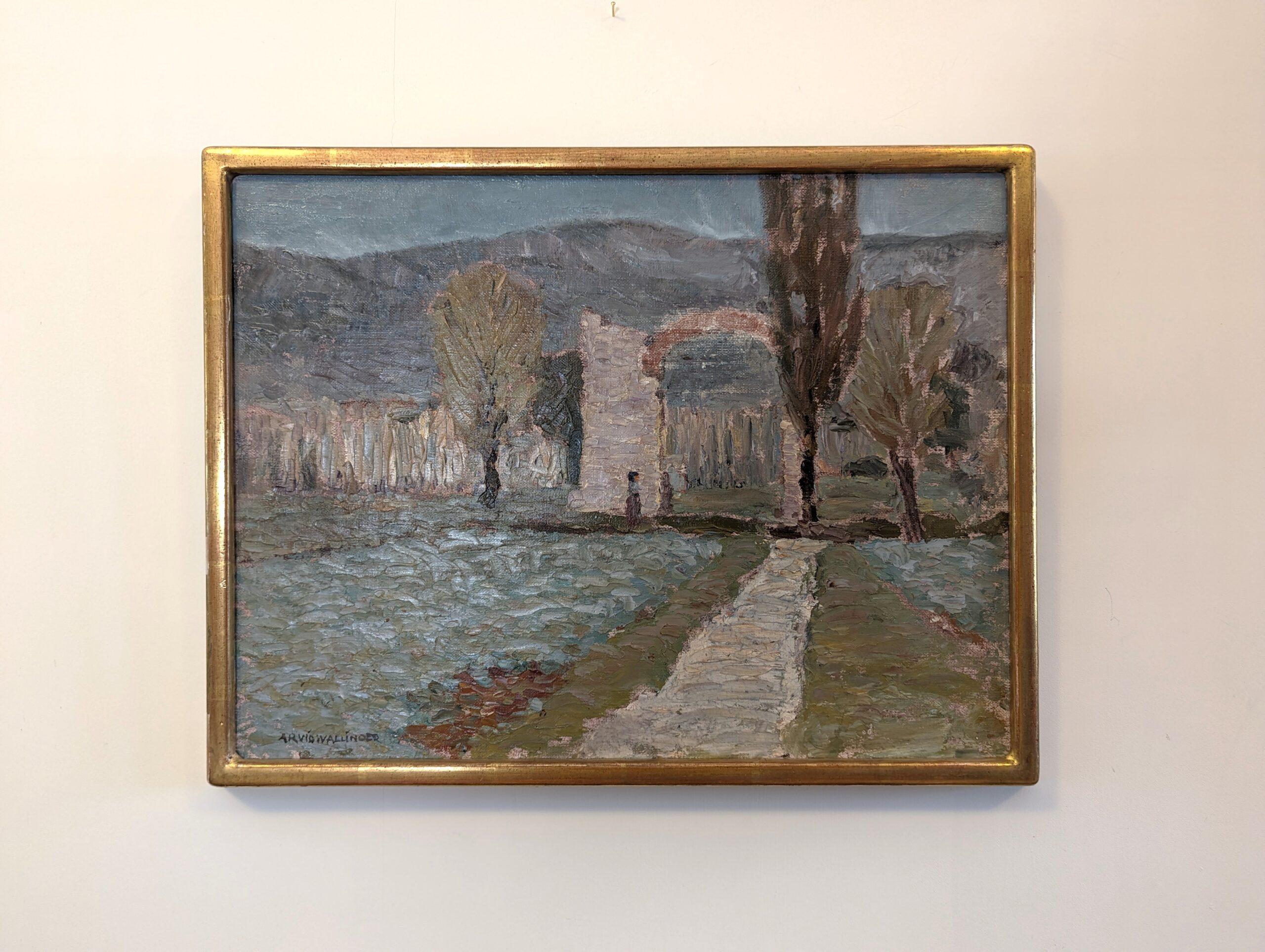 ITALIAN VALLEY
Size: 38 x 49 cm (including frame)
Oil on board

A beautifully textured and expressive modernist style landscape composition, painted in oil onto canvas and dated 1967 on reverse.

This atmospheric composition presents a garden
