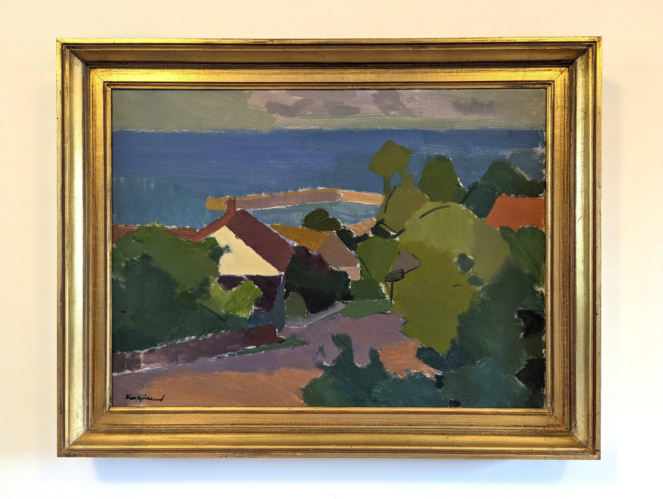 LATE AFTERNOON COAST
Size: 62 x 80 cm (including frame)
Oil on canvas

A very pleasant and scenic modernist coastal landscape painting, executed in oil onto canvas by the established Swedish artist Richard Björklund (1897–1974) whose works have been