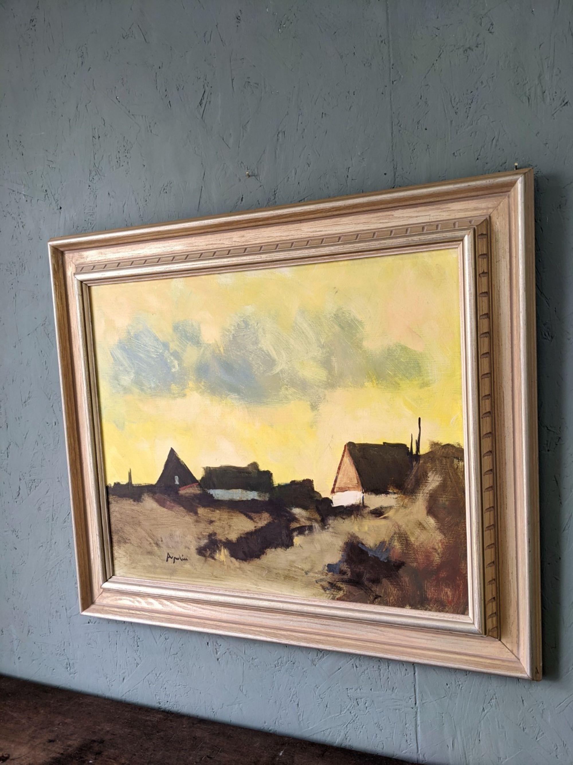 YELLOW SKIES
Size: 61 x 70 cm (including frame)
Oil on board

A dramatic and atmospheric mid century landscape painting, executed in oil onto board.

This picturesque composition of nature presents a row of houses in an open field, under a stunning