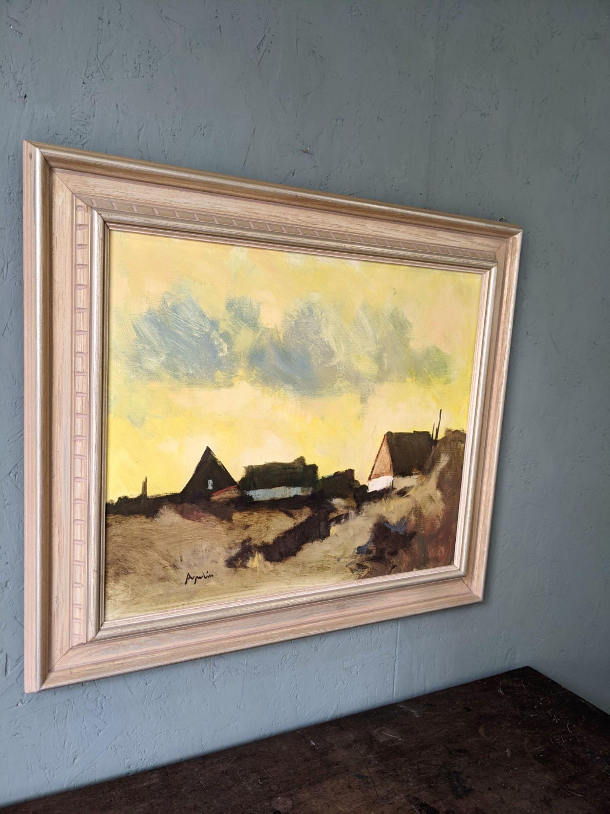 Vintage Mid-Century Swedish Framed Landscape Oil Painting - Yellow Skies For Sale 1