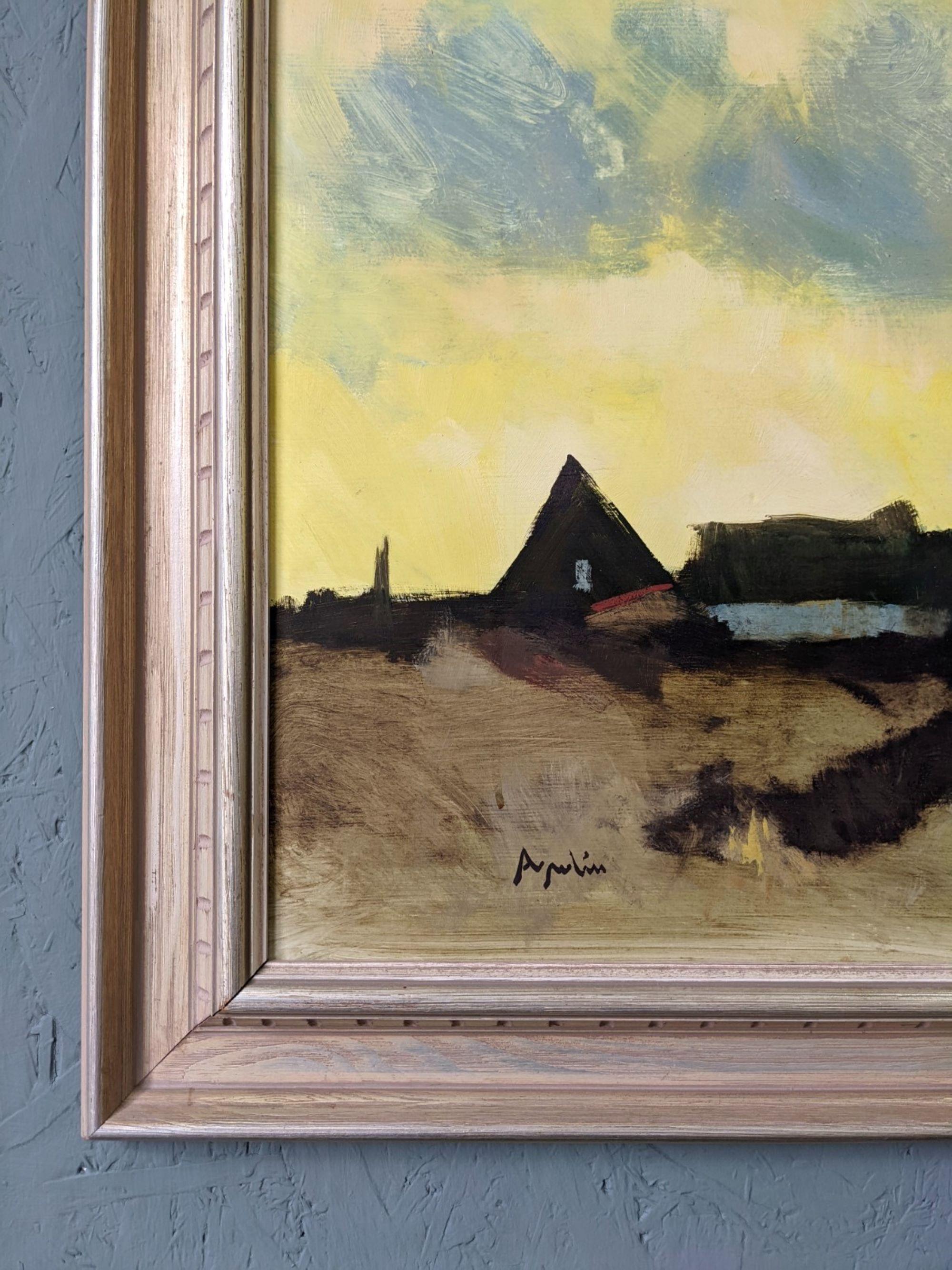 Vintage Mid-Century Swedish Framed Landscape Oil Painting - Yellow Skies For Sale 4