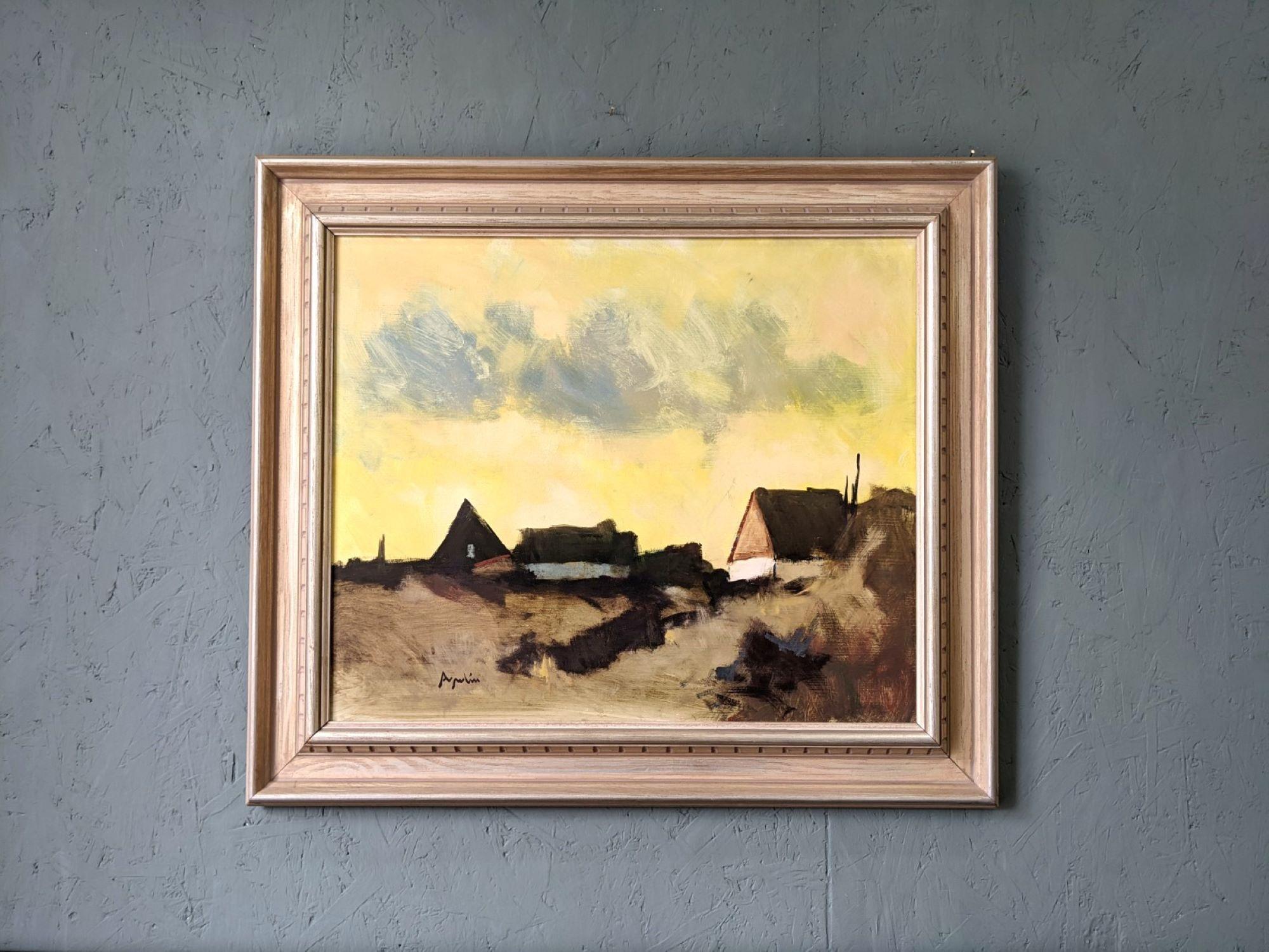 Vintage Mid-Century Swedish Framed Landscape Oil Painting - Yellow Skies For Sale 6