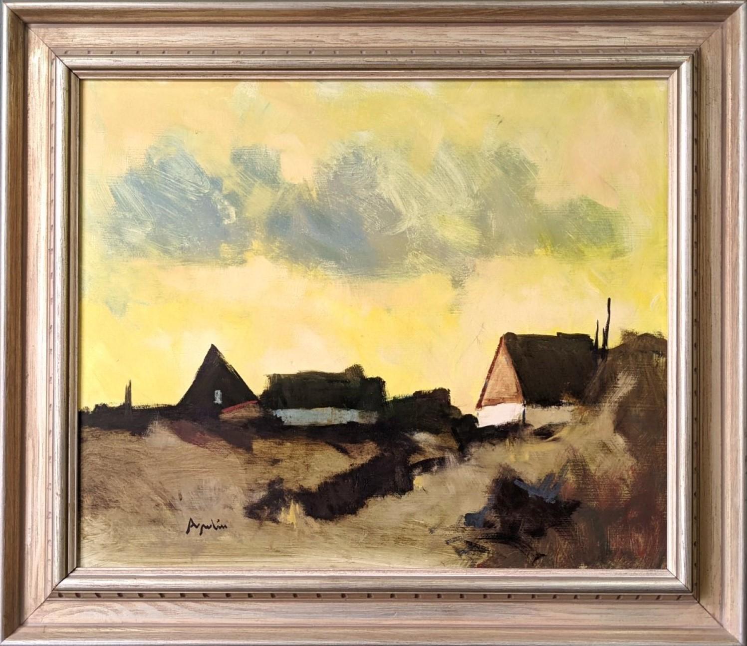 Unknown Landscape Painting - Vintage Mid-Century Swedish Framed Landscape Oil Painting - Yellow Skies