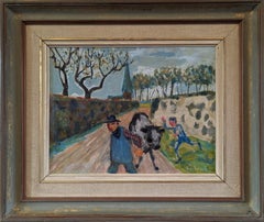 Peinture à l'huile narrative suédoise encadrée du milieu du siècle dernier - Cowherd