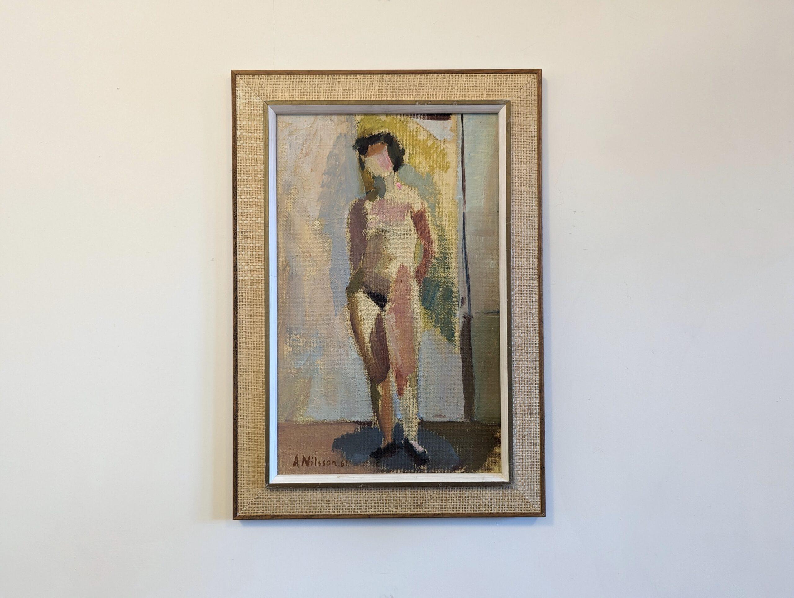 HELENE
Size: 55.5 x 38.5 cm (including frame)
Oil on canvas

A brilliant modernist-style figurative painting of a nude, executed in oil and dated 1961.

The composition captures a standing nude within a minimalist interior setting. Placed against