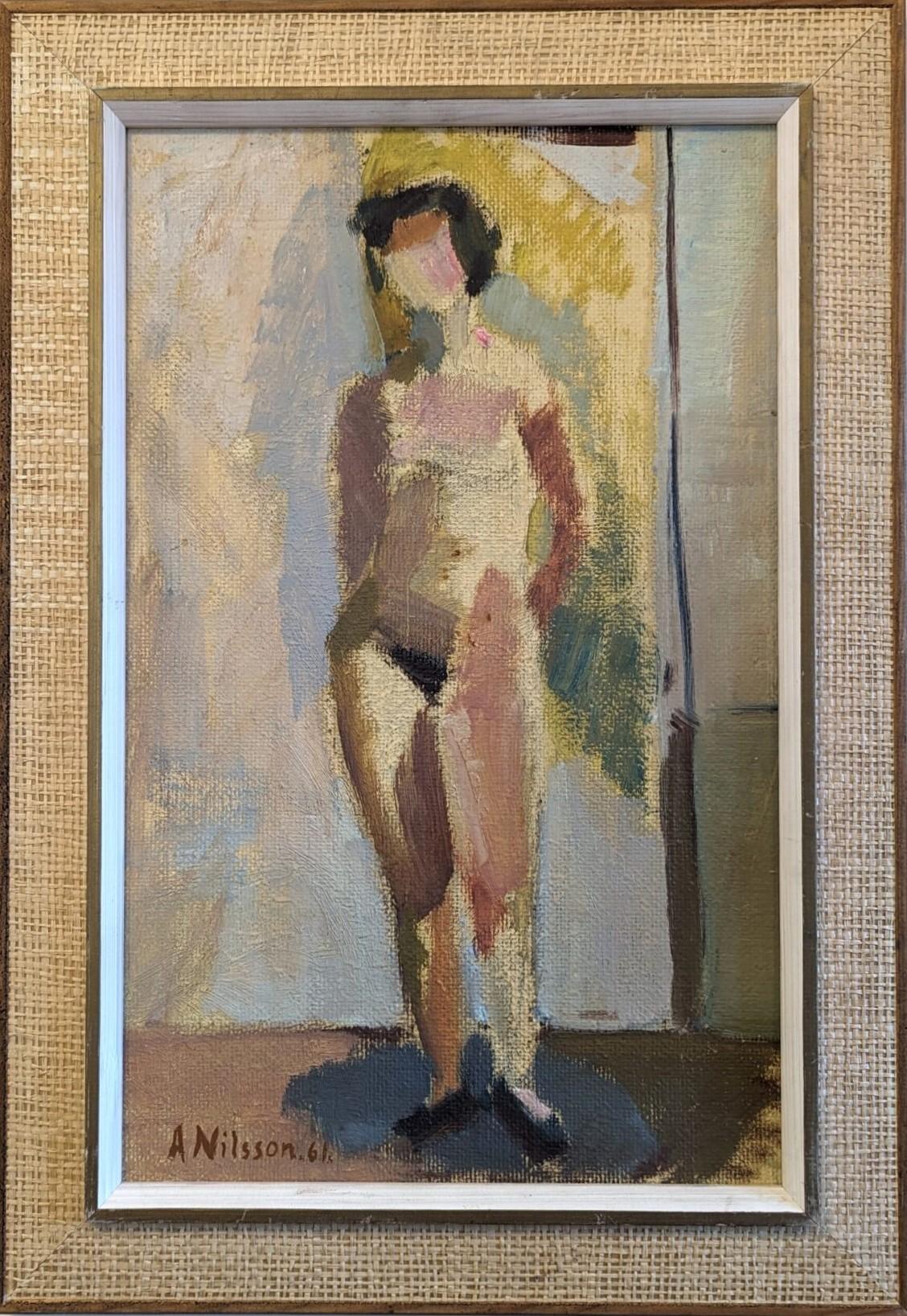 Unknown Nude Painting - Vintage Mid-Century Swedish Framed Nude Figurative Oil Painting - Helene 1961