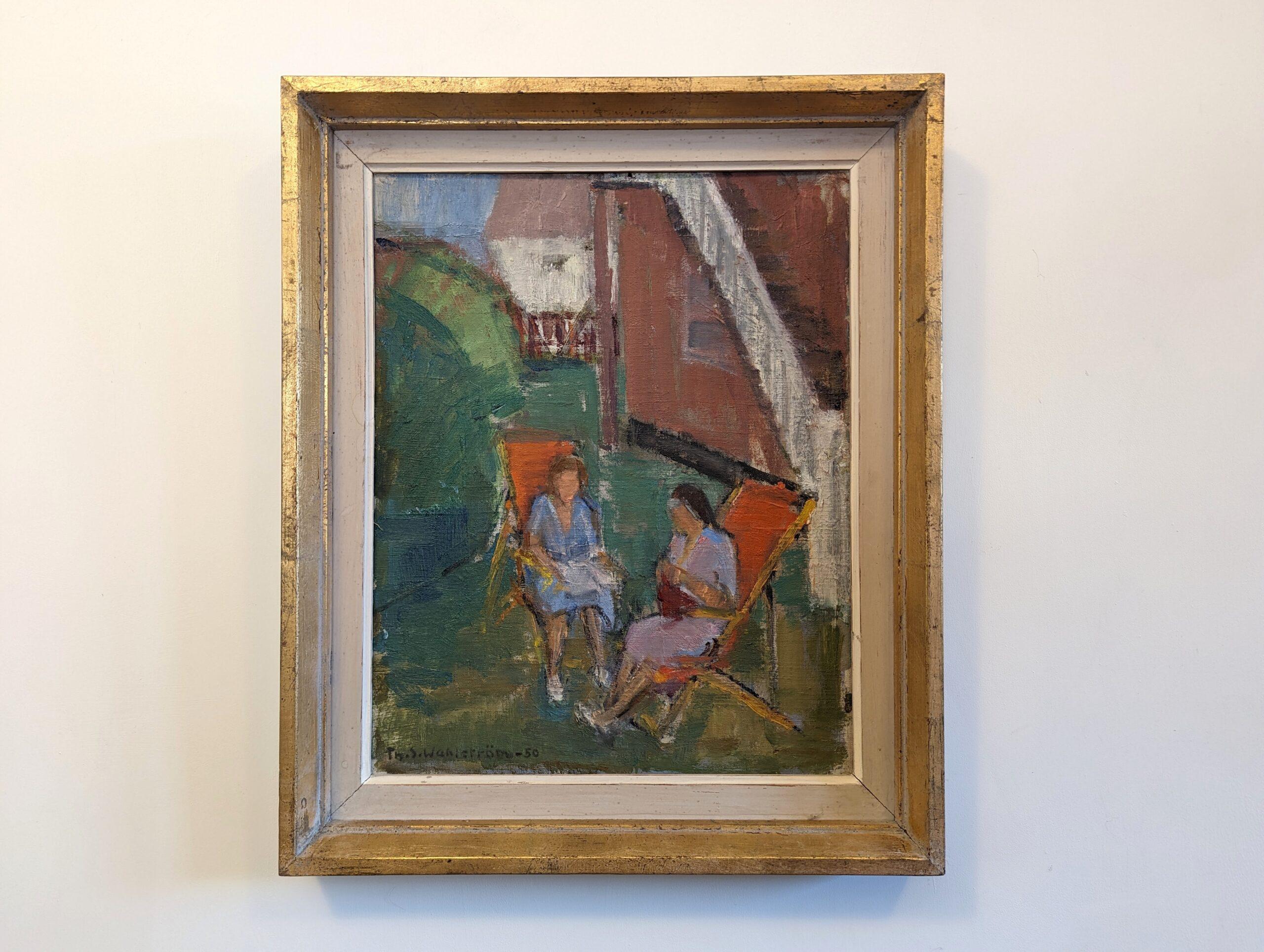 CROCHETING IN THE GARDEN
Size: 52 x 43.5 cm (including frame)
Oil on canvas

An endearing narrative oil painting that captures the essence of a serene moment in time, and dated 1950.

Two female figures, seated on vibrant orange loungers, are
