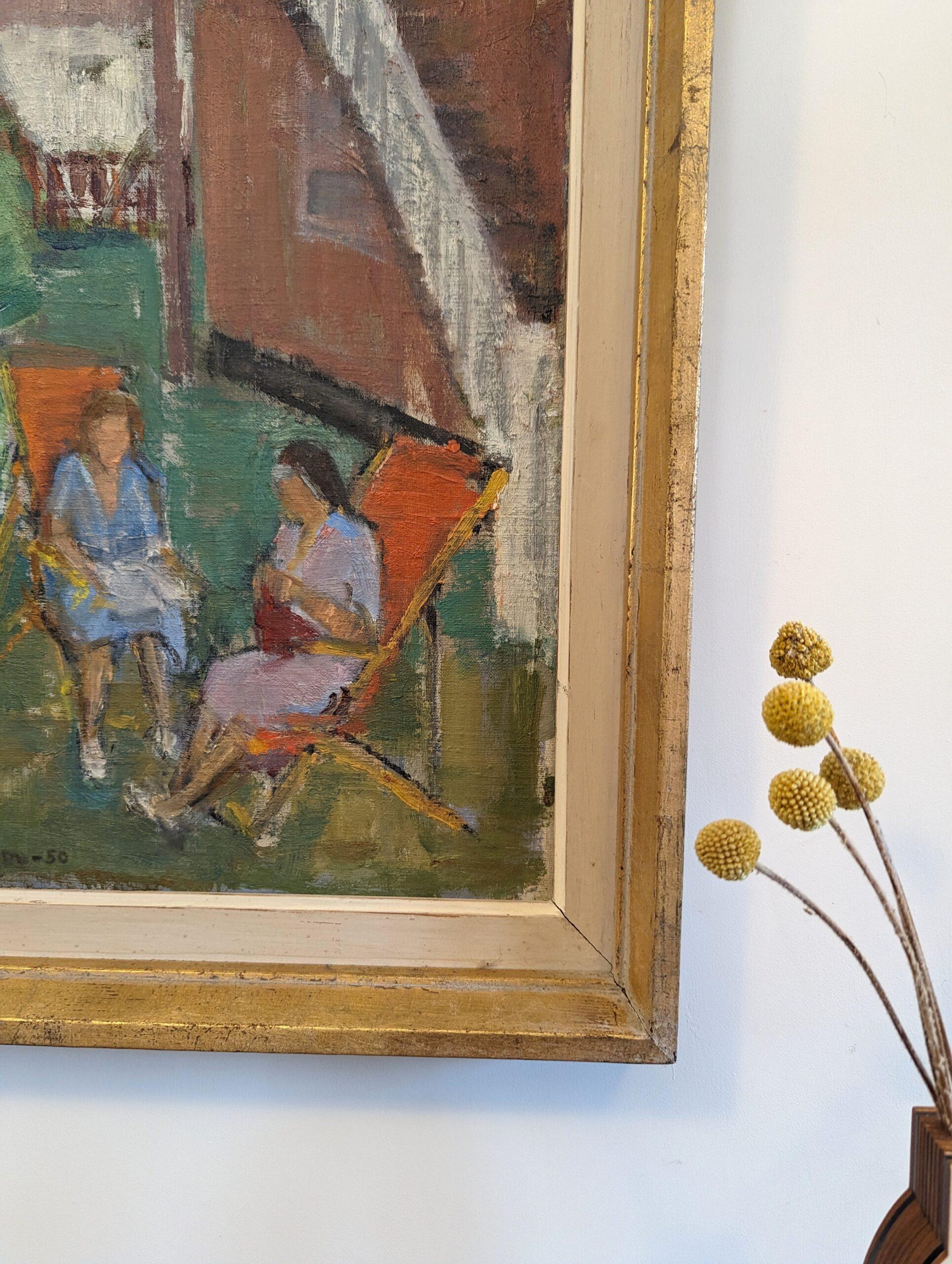 Vintage Mid-Century Swedish Framed Oil Painting - Crocheting in the Garden 7