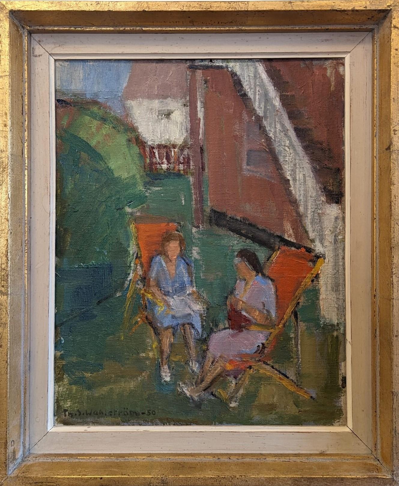 Unknown Figurative Painting - Vintage Mid-Century Swedish Framed Oil Painting - Crocheting in the Garden