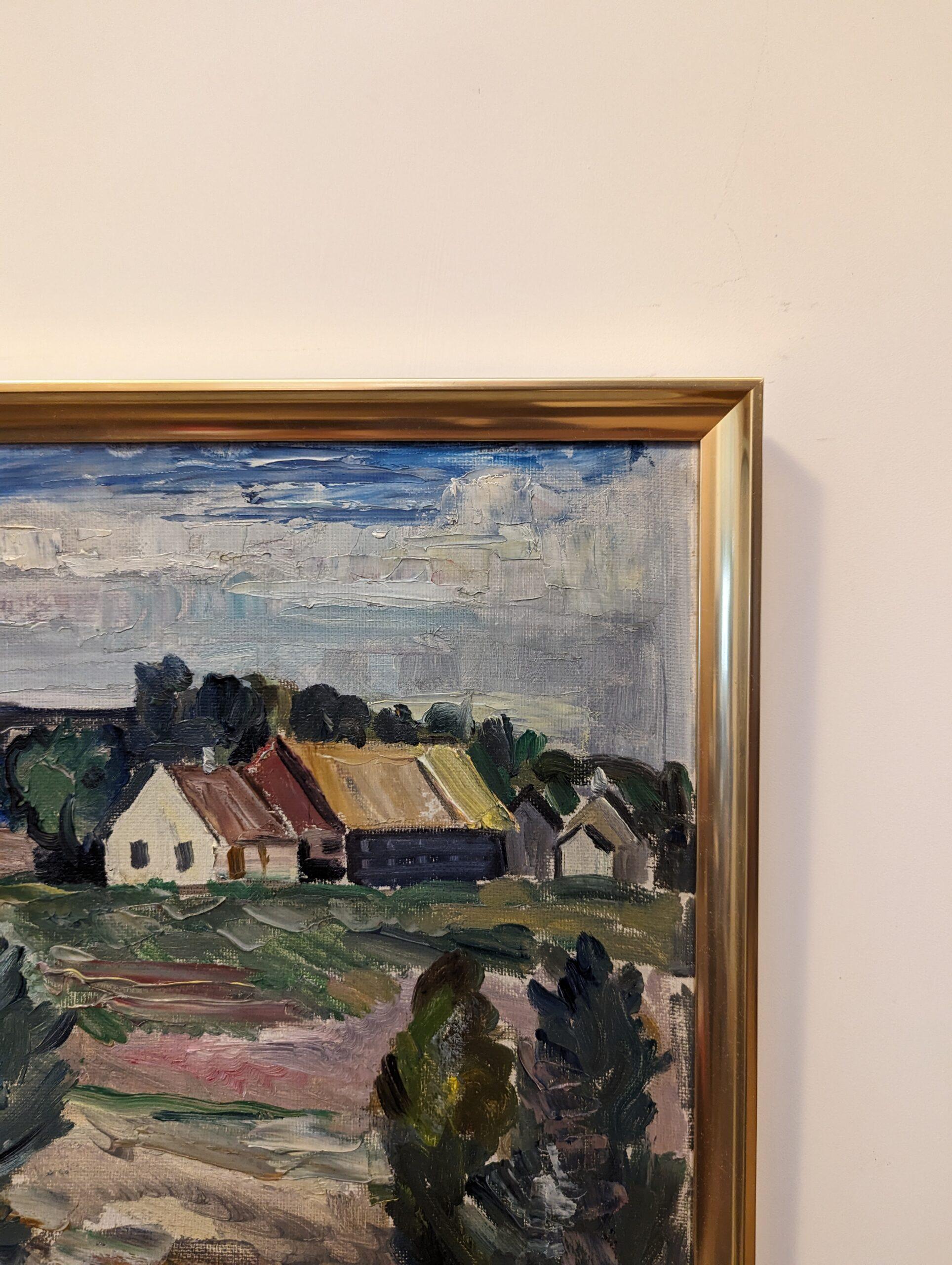 Vintage Mid-Century Swedish Framed Oil Painting - Houses in Landscape 8