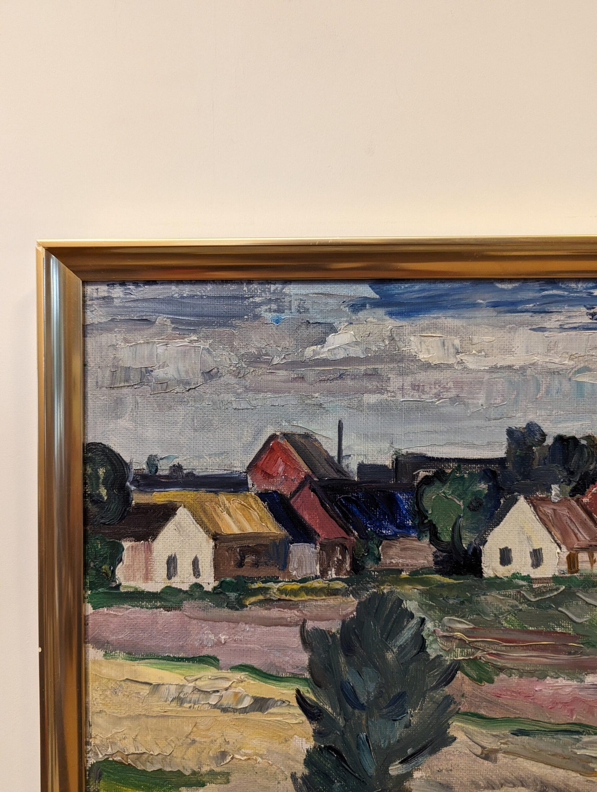 Vintage Mid-Century Swedish Framed Oil Painting - Houses in Landscape 9