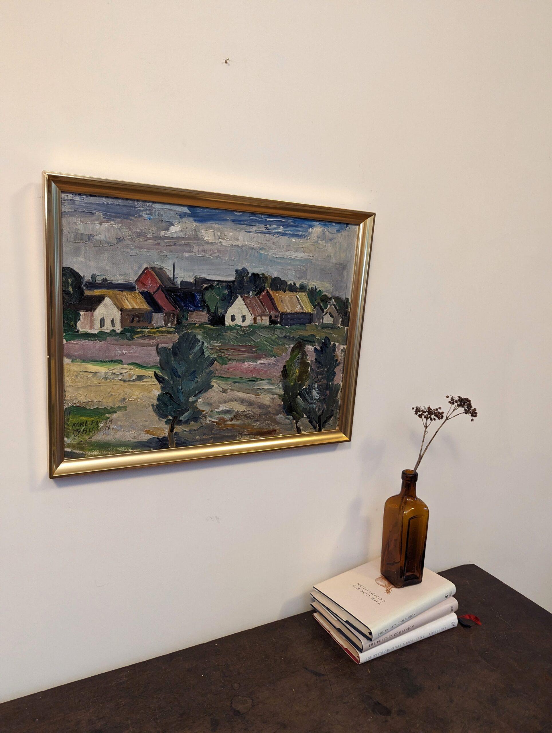 Vintage Mid-Century Swedish Framed Oil Painting - Houses in Landscape 11