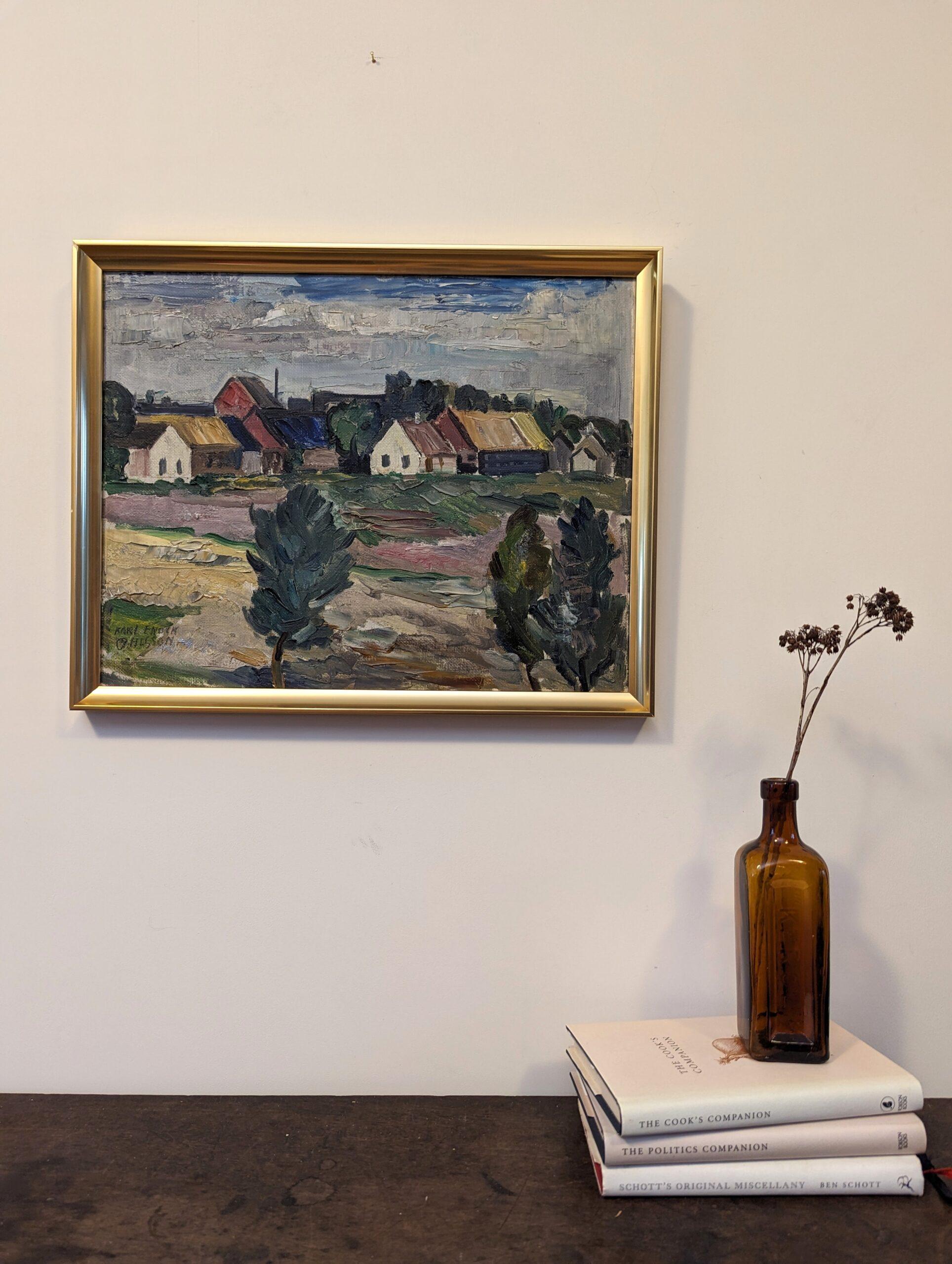 Vintage Mid-Century Swedish Framed Oil Painting - Houses in Landscape 12