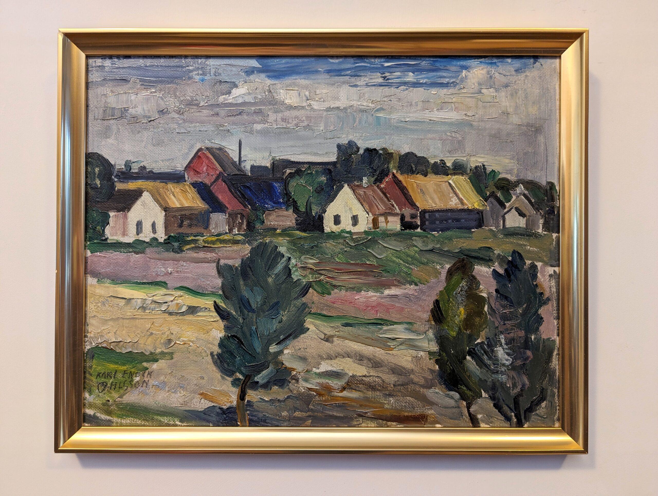 Vintage Mid-Century Swedish Framed Oil Painting - Houses in Landscape 13