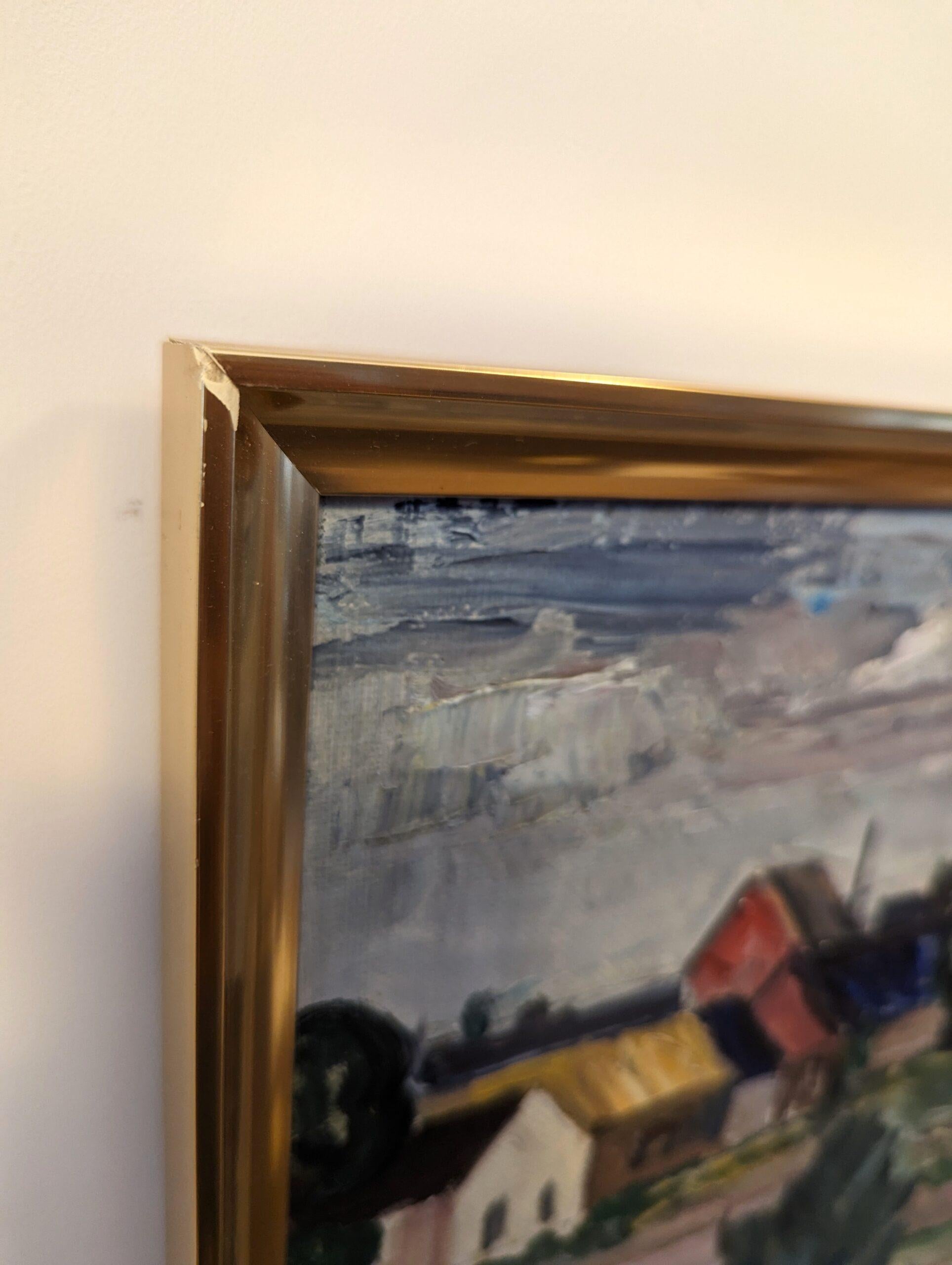 Vintage Mid-Century Swedish Framed Oil Painting - Houses in Landscape 14