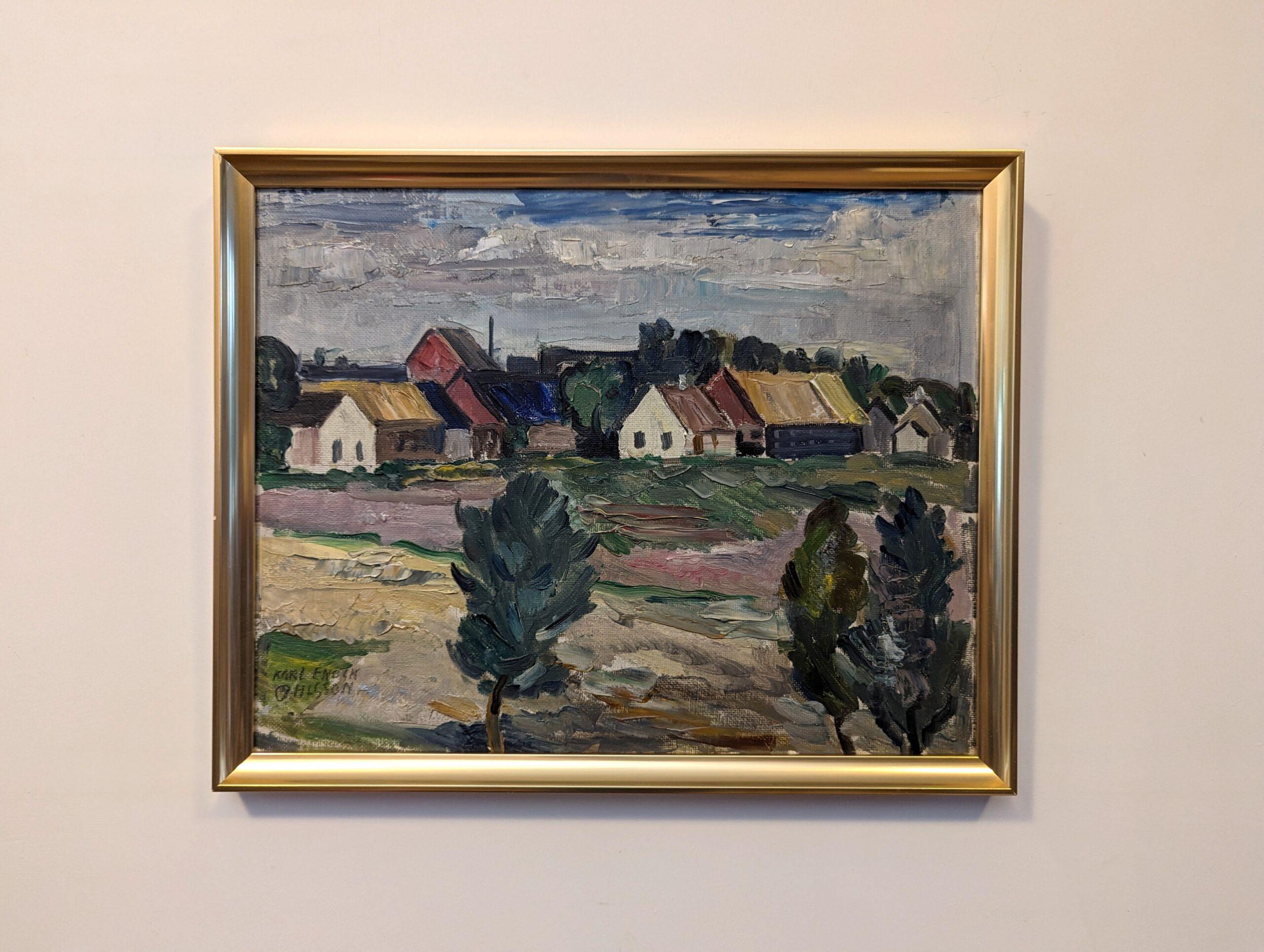 HOUSES IN LANDSCAPE
Size: 35 x 44 cm (including frame)
Oil on board

A lively and energetic mid-century landscape composition executed in oil onto canvas.

Painted in an expressive manner and with rich earthy colours, the painting depicts a row of